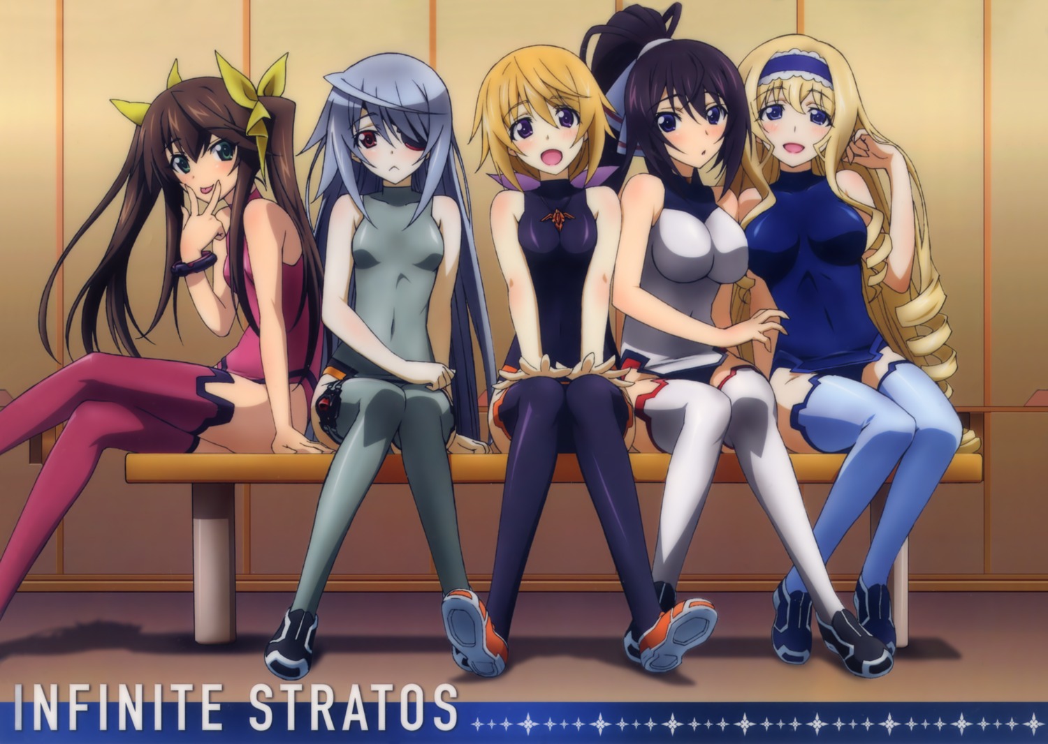 bodysuit cecilia_alcott charlotte_dunois eyepatch huang_lingyin infinite_stratos infinite_stratos_2 laura_bodewig mizukami_rondo shinonono_houki thighhighs