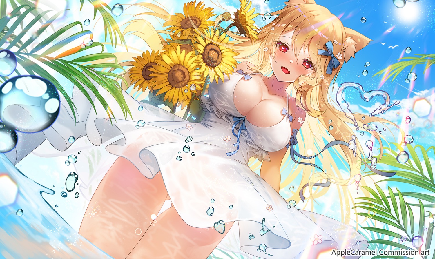 animal_ears apple_caramel dress no_bra nopan see_through skirt_lift summer_dress wet wet_clothes