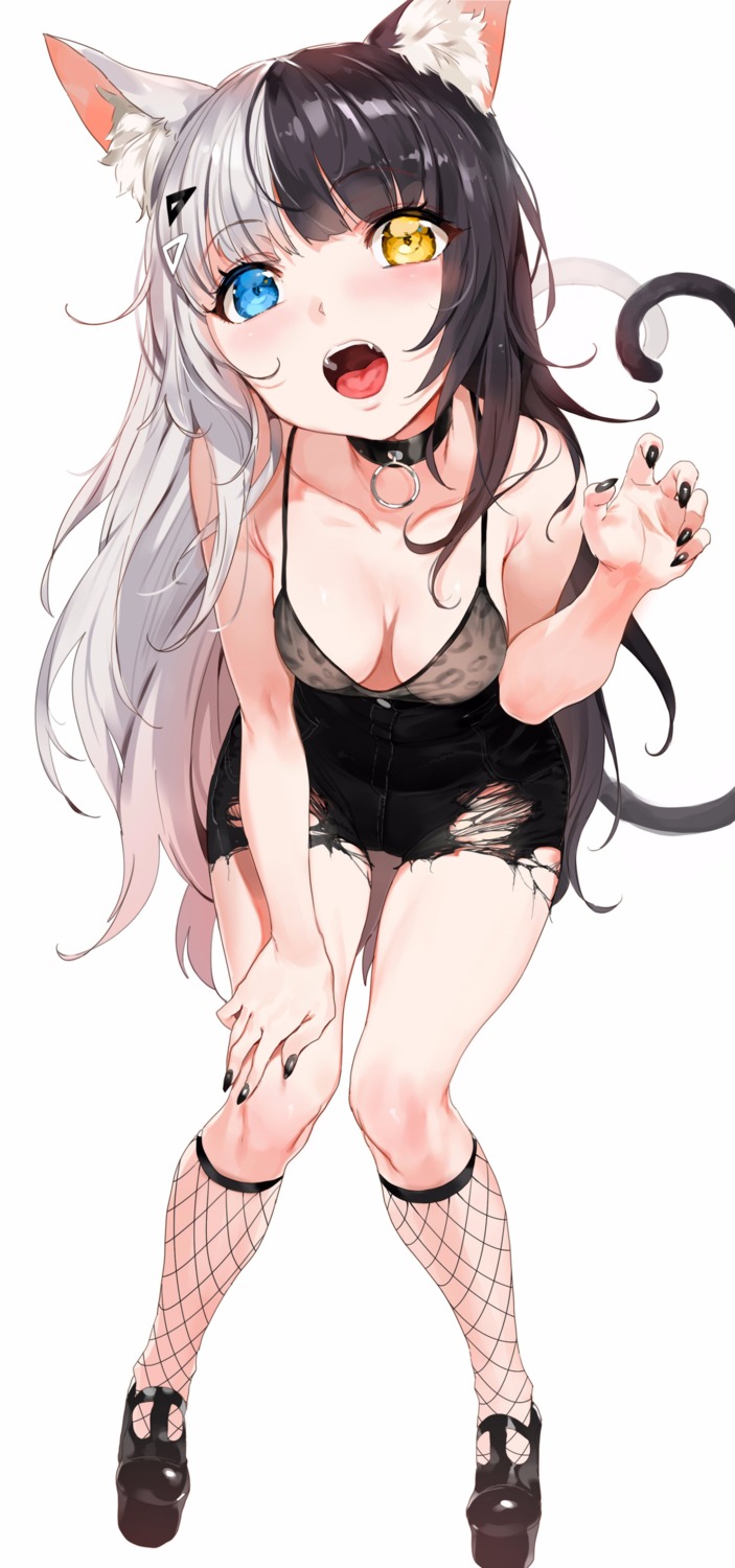 animal_ears fishnets heterochromia lingerie nekomimi see_through tail torn_clothes yd_(orange_maru)