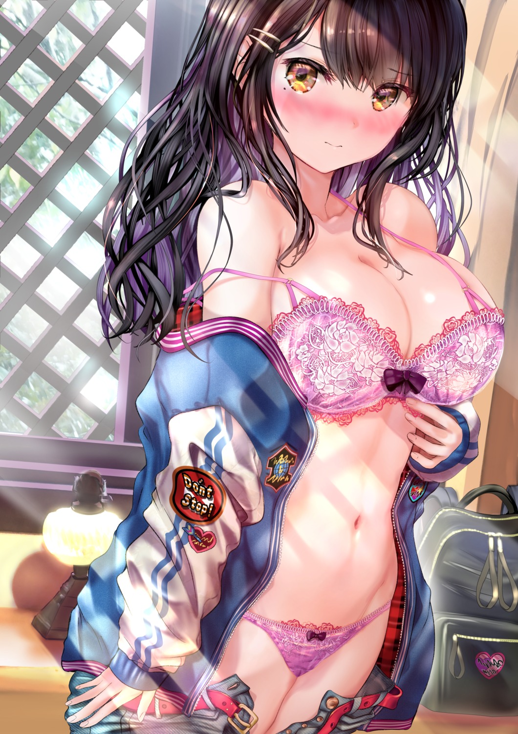 bra cleavage lingerie ogata_tei open_shirt pantsu undressing