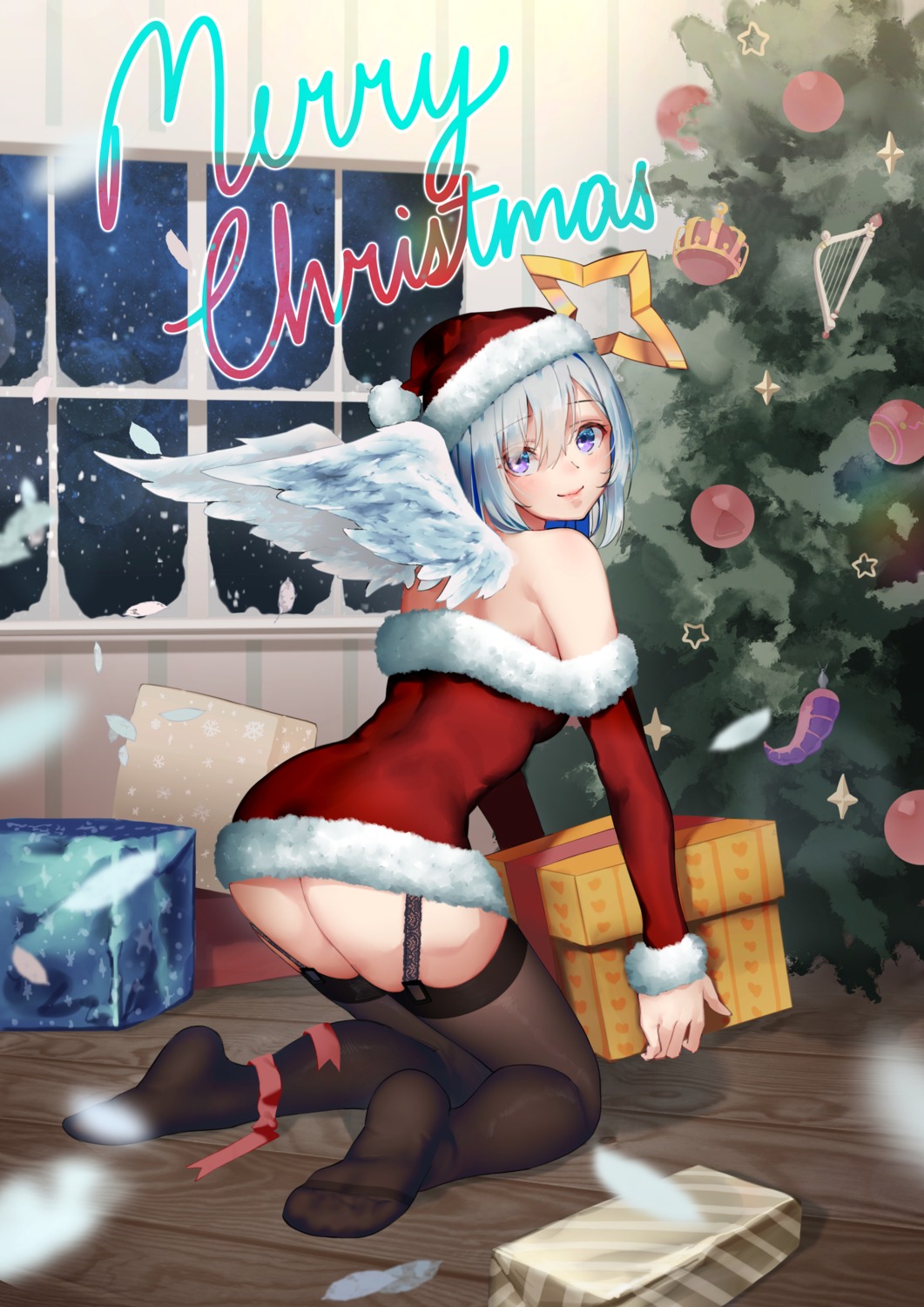 amane_kanata angel ass bennopi christmas dress feet hololive no_bra nopan skirt_lift stockings thighhighs wings