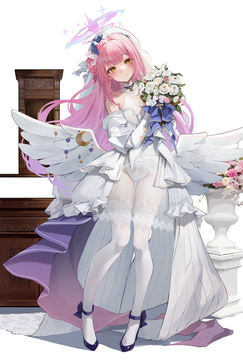 angel blue_archive cleavage dress garter_belt heels hiki_niito misono_mika no_bra pantsu see_through stockings thighhighs wedding_dress wings