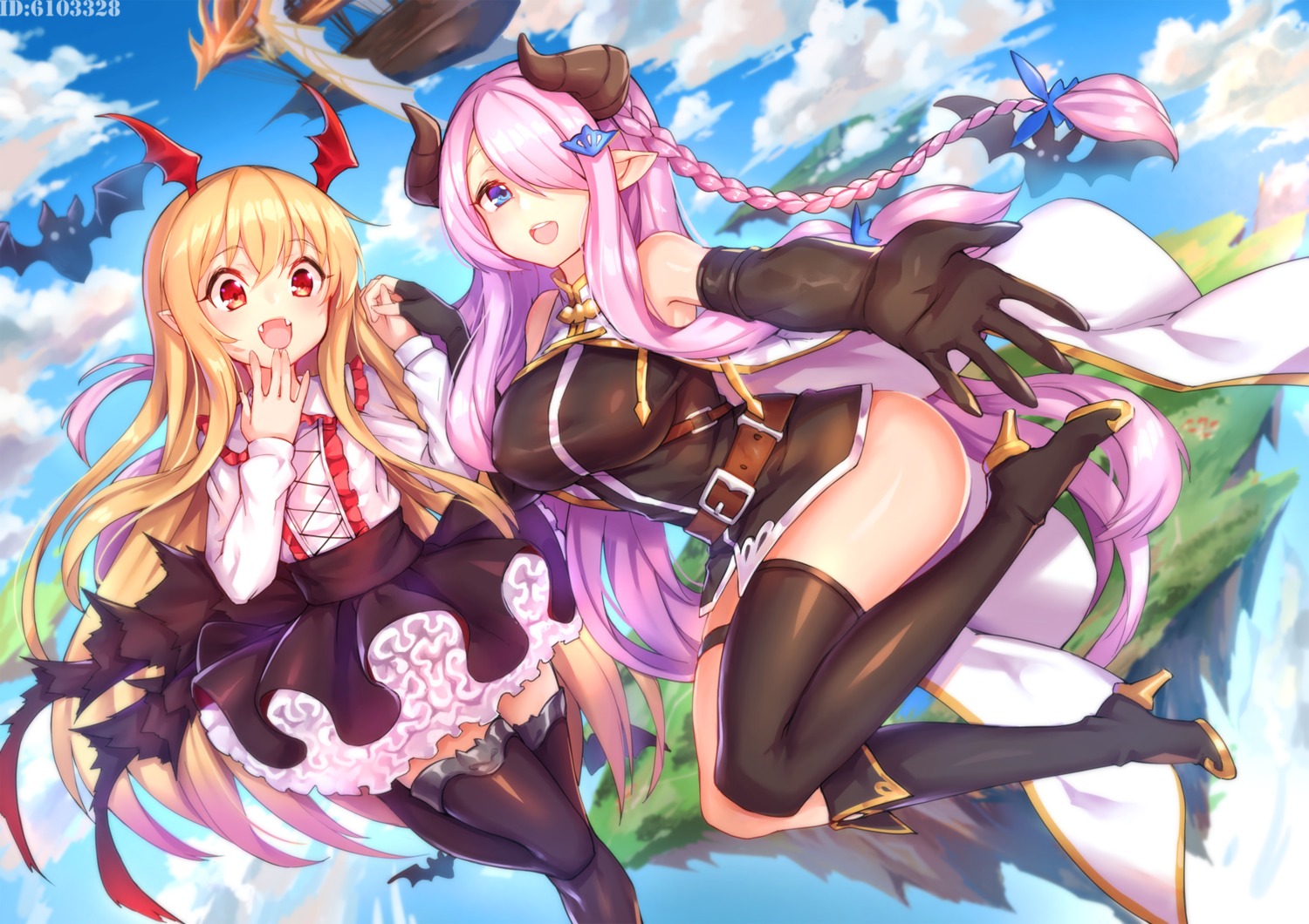 dress granblue_fantasy heels horns narumeia_(granblue_fantasy) pointy_ears shennai_misha thighhighs vampy_(shingeki_no_bahamut) wings