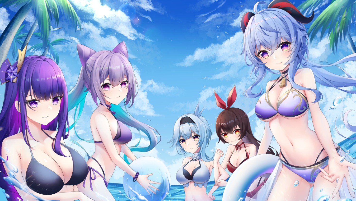 amber_(genshin_impact) bikini bikini_top cleavage eula ganyu genshin_impact horns keqing pk_trap raiden_shogun swimsuits underboob wet