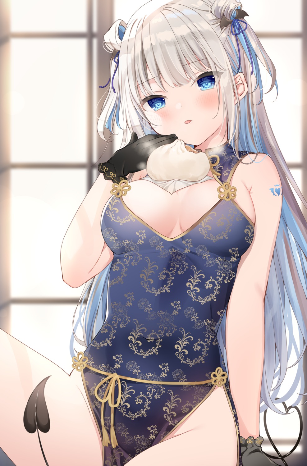 chinadress cleavage mafuyu_(chibi21) no_bra tail tattoo