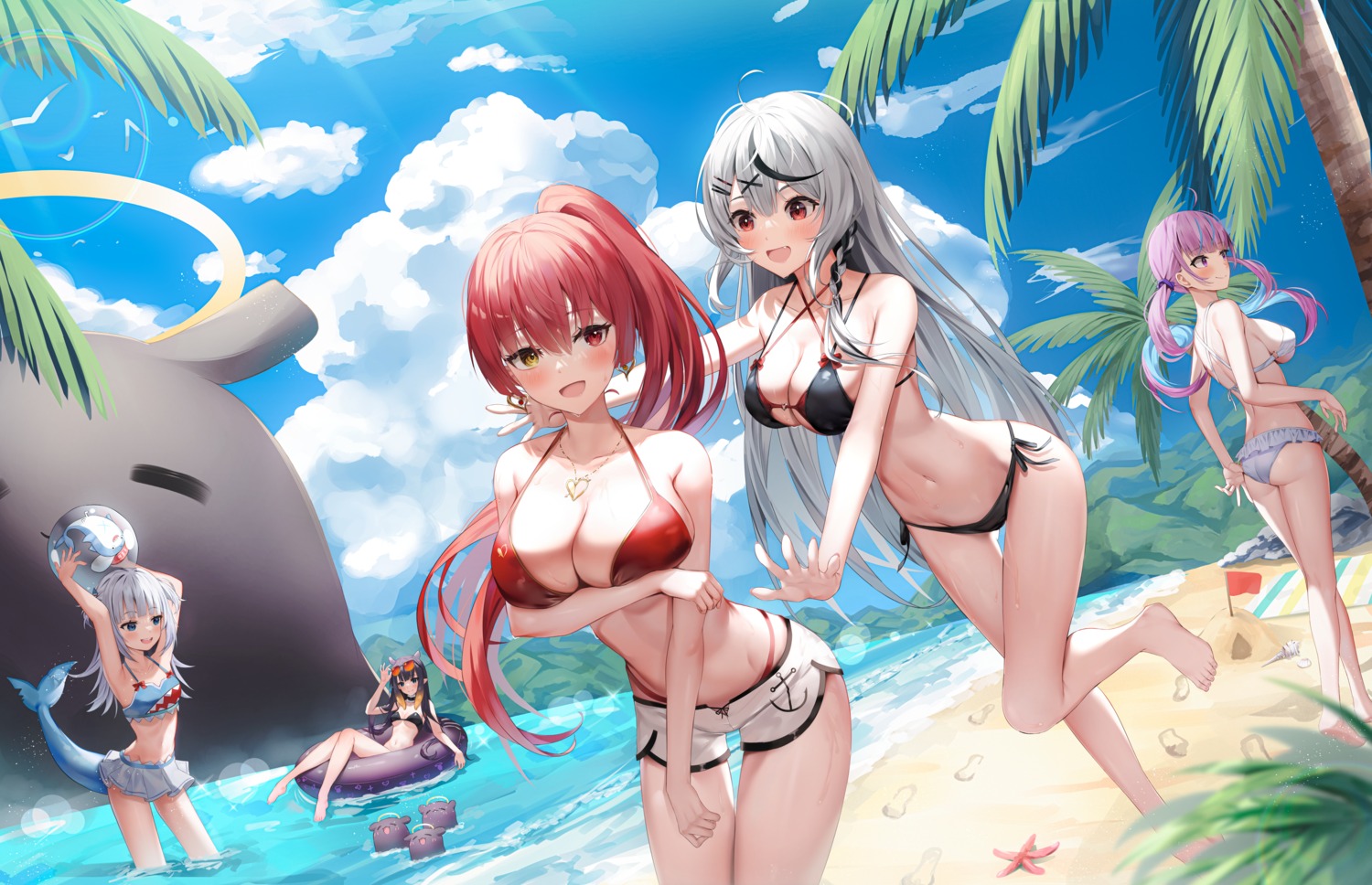 ass bikini breast_hold gawr_gura heterochromia hololive hololive_english houshou_marine loli megane minato_aqua ninomae_ina'nis sakamata_chloe shuvi_(shuvi1125) swimsuits tail thong wet