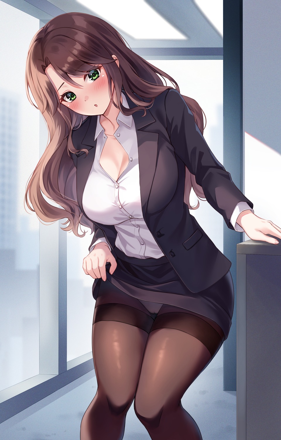 business_suit cameltoe cleavage open_shirt pantsu pantyhose sebu_illust skirt_lift undressing