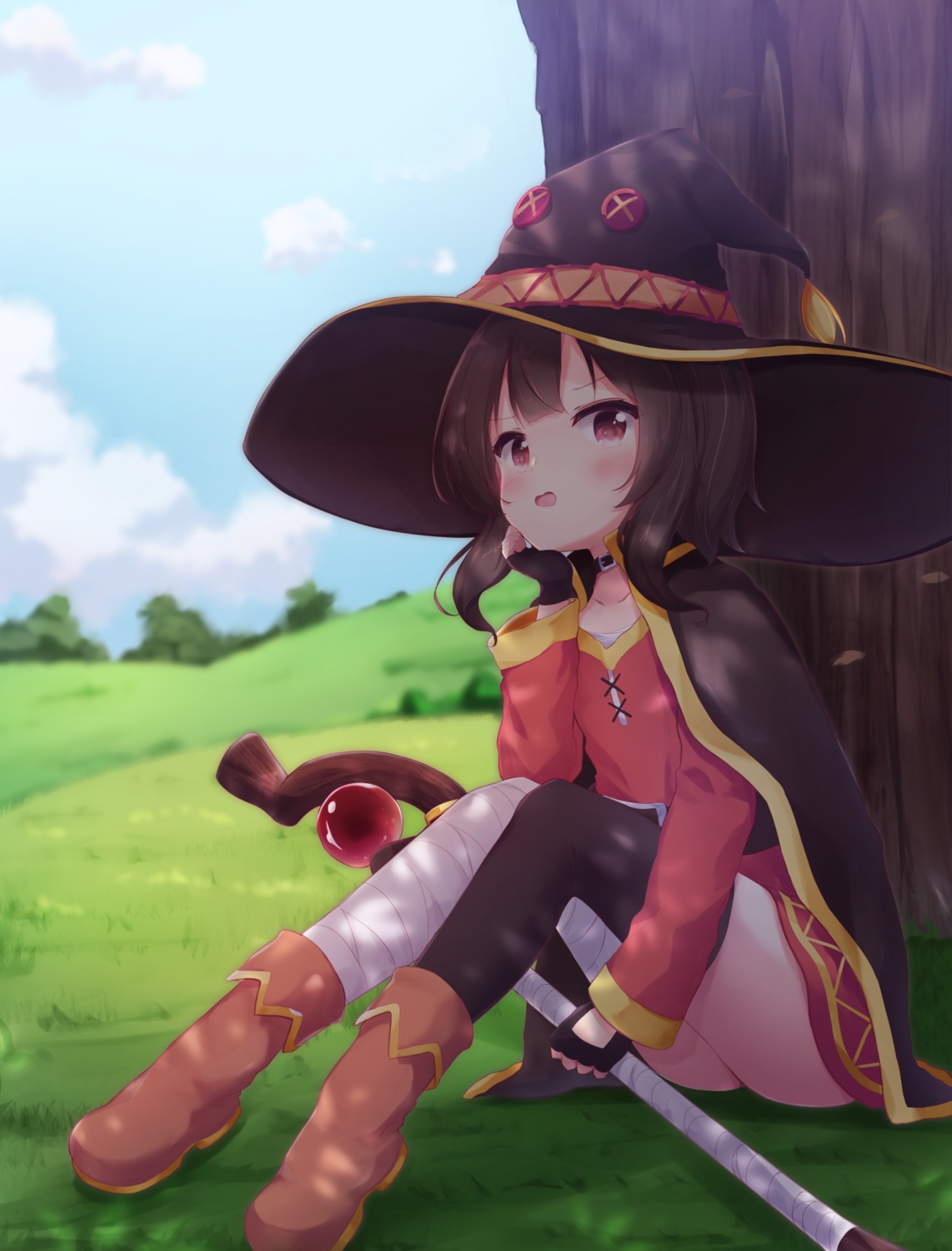 bandages dress kono_subarashii_sekai_ni_shukufuku_wo! megumin skirt_lift thighhighs tokenbox weapon witch