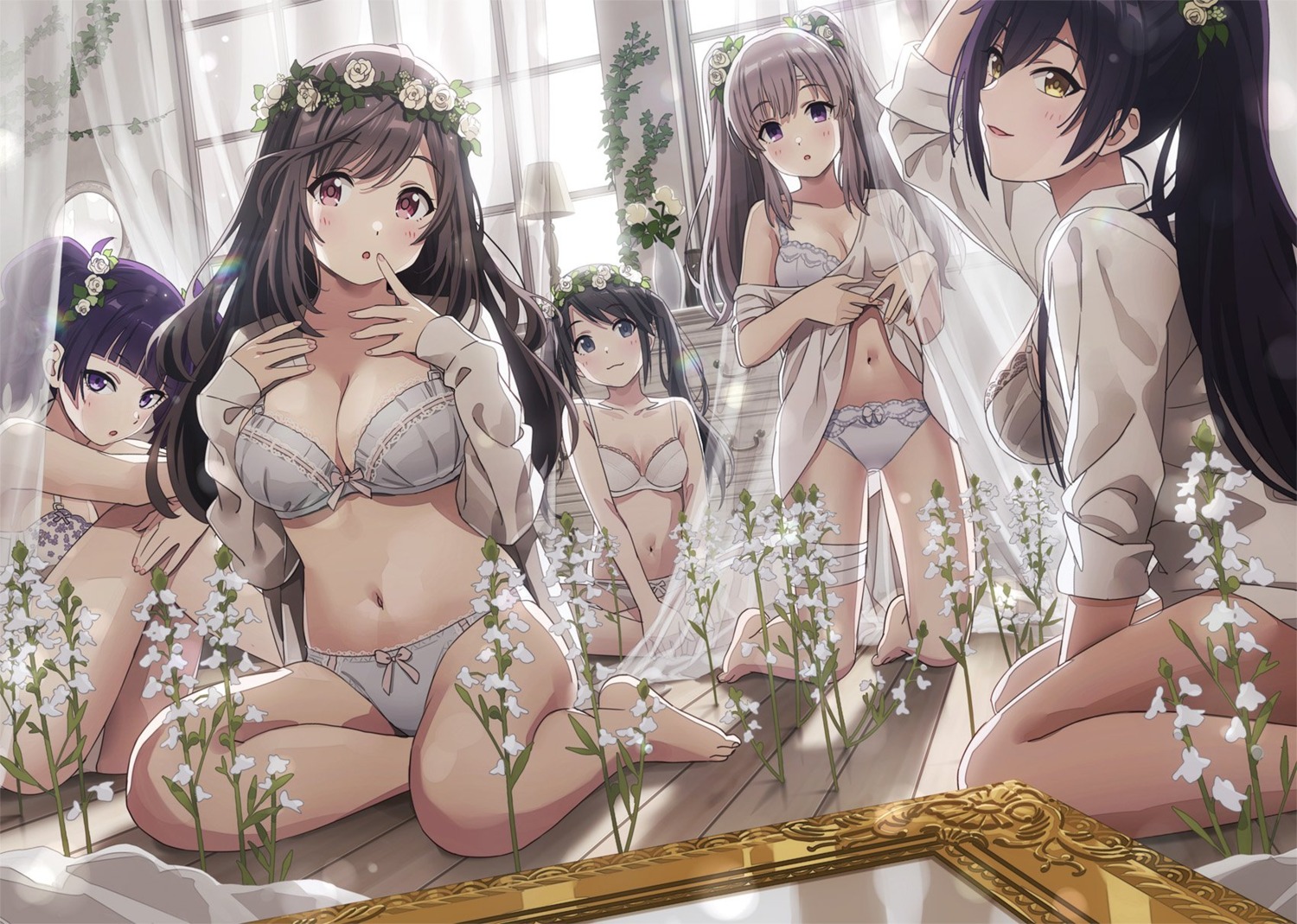 bandages bra cleavage lingerie mitsumine_yuika open_shirt pantsu shirase_sakuya sonsoso tanaka_mamimi the_idolm@ster the_idolm@ster_shiny_colors tsukioka_kogane yuukoku_kiriko