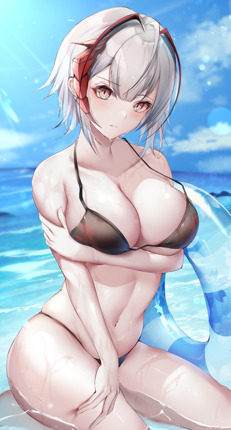 arknights bikini breast_hold horns kisaki_oni swimsuits w_(arknights) wet