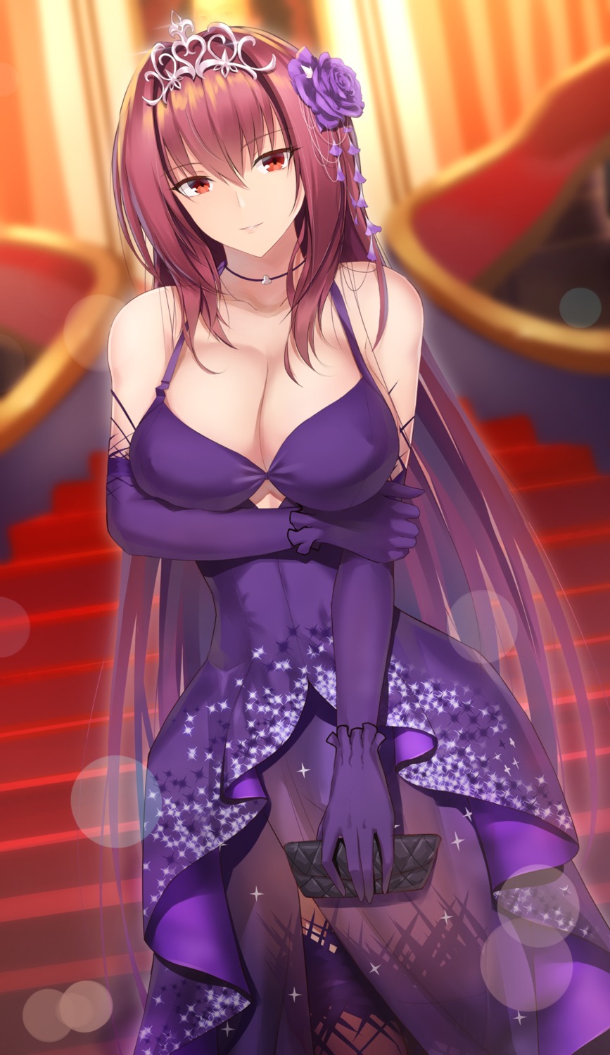 breast_hold cleavage dress fate/grand_order feng_mouren scathach_(fate/grand_order) see_through thighhighs