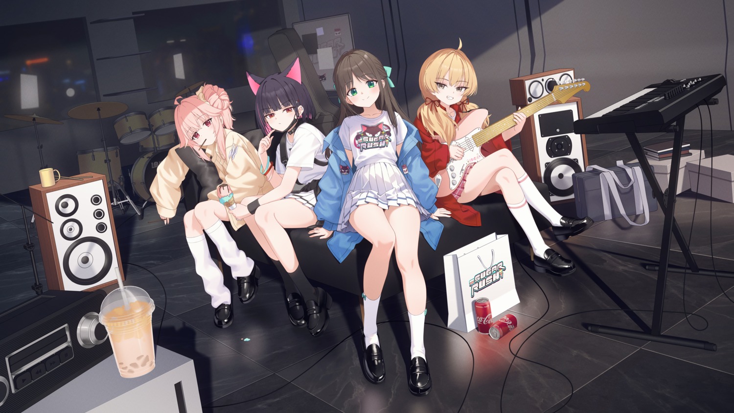 animal_ears blue_archive guitar ibaragi_yoshimi kurimura_airi kyouyama_kazusa mao_shi_shisan nekomimi seifuku skirt_lift uniform wallpaper yutori_natsu