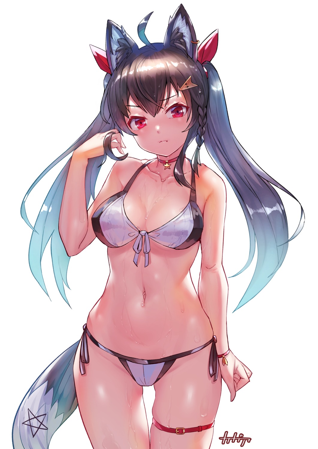 animal_ears arpeggio_kaga bikini garter hololive hololive_gamers kitsune kurokami_fubuki swimsuits tail wet