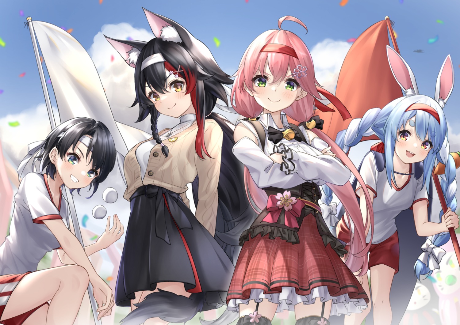 animal_ears bunny_ears gym_uniform hololive hololive_gamers ookami_mio oozora_subaru sakura_miko stockings sweater tail thighhighs tsurupy usada_pekora