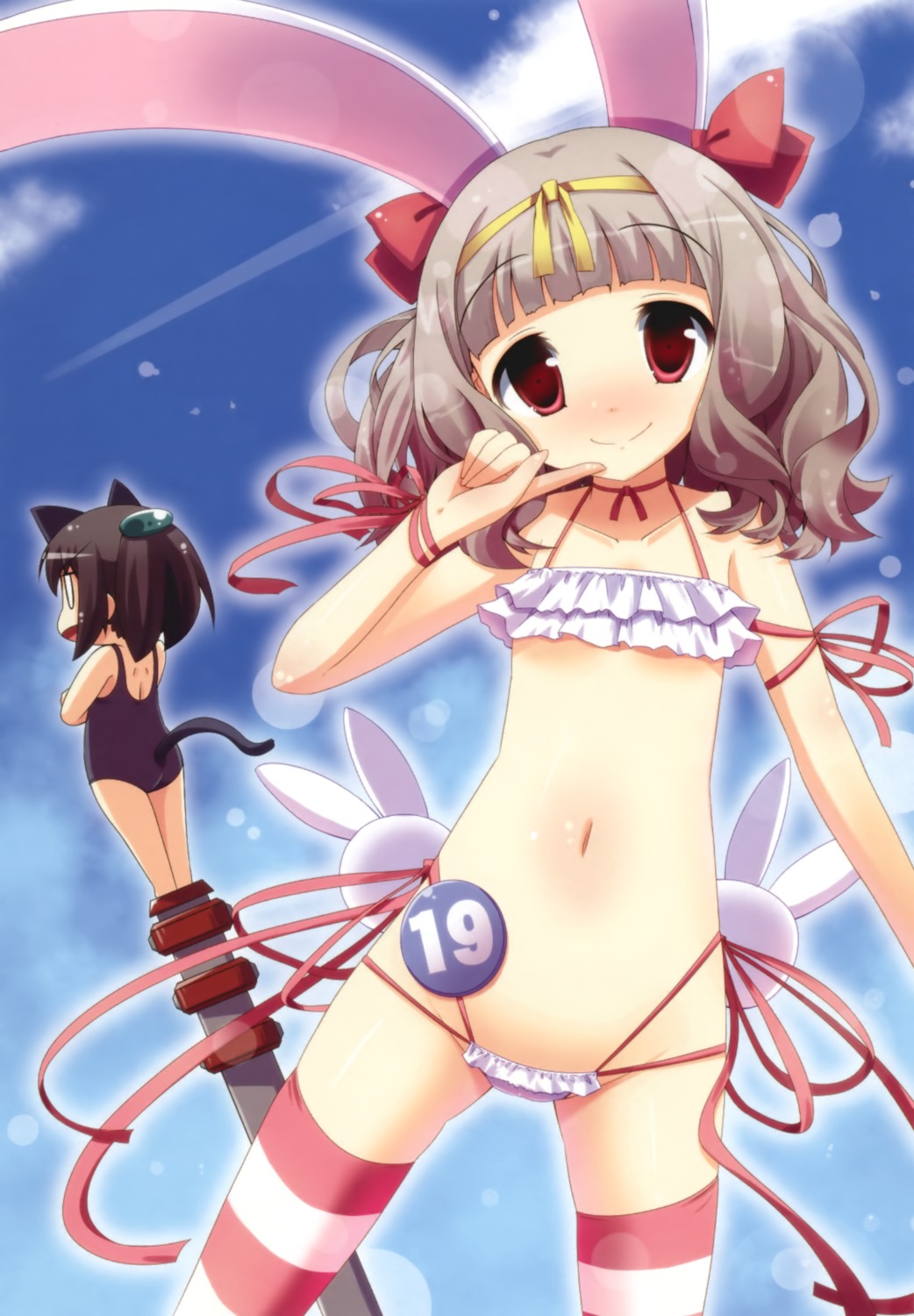 aliasing animal_ears bikini bunny_ears cameltoe itou_mikoto koiiro_soramoyou loli lucie nakanishi_aiko nekomimi school_swimsuit swimsuits tail thighhighs