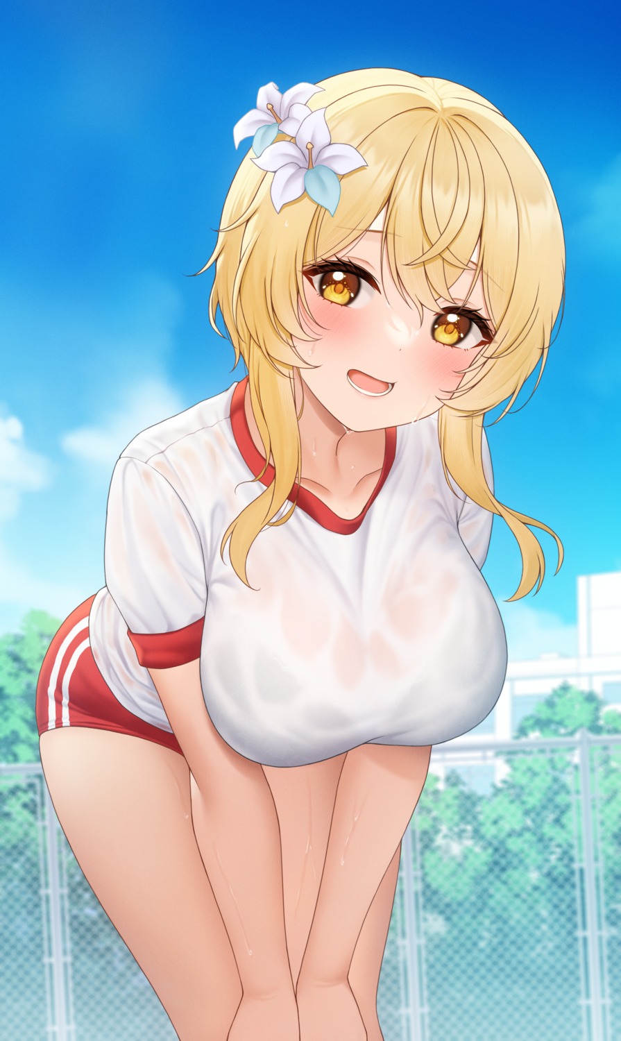 bra buruma fukuro_ko_(greentea) genshin_impact gym_uniform lumine see_through wet_clothes