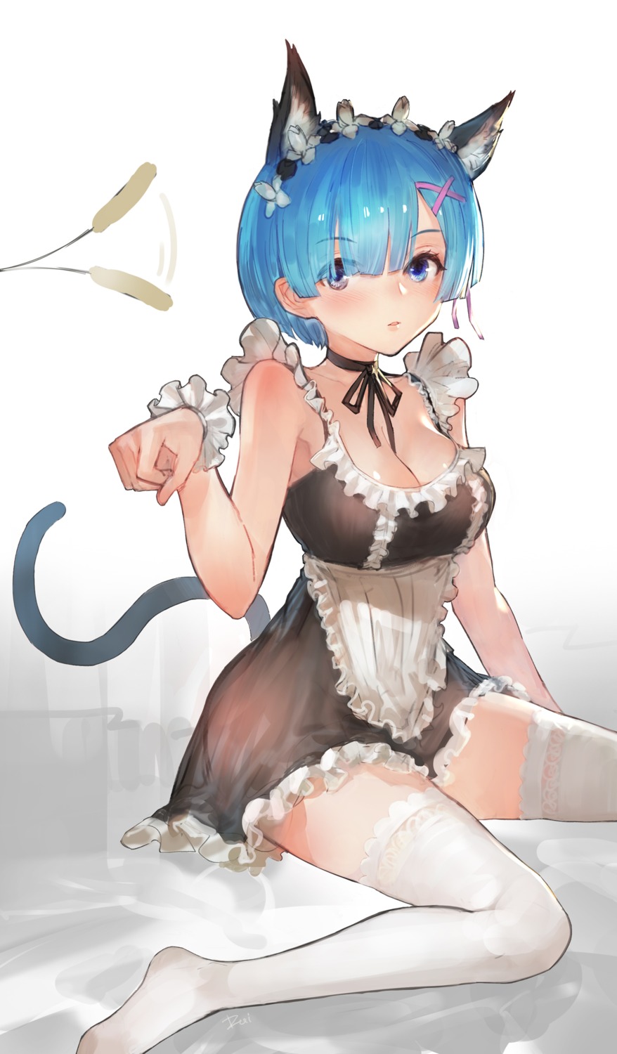 animal_ears daible maid nekomimi re_zero_kara_hajimeru_isekai_seikatsu rem_(re_zero) see_through tail thighhighs