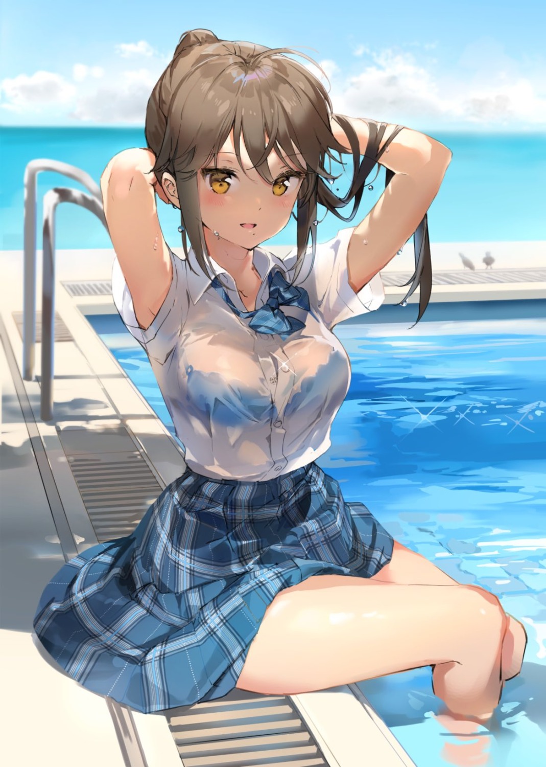 anmi bra see_through seifuku skirt_lift wet wet_clothes