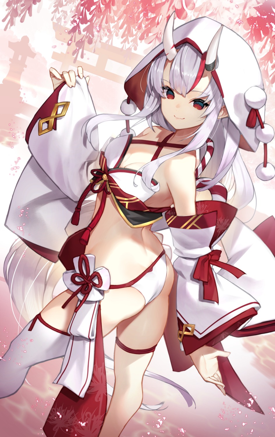 ass garter hololive horns japanese_clothes nakiri_ayame no_bra pantsu scottie thighhighs