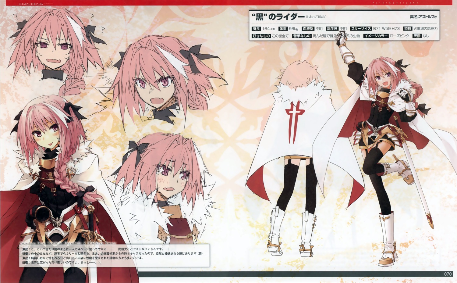 armor astolfo_(fate) character_design expression fate/apocrypha fate/stay_night konoe_ototsugu profile_page stockings sword thighhighs trap type-moon