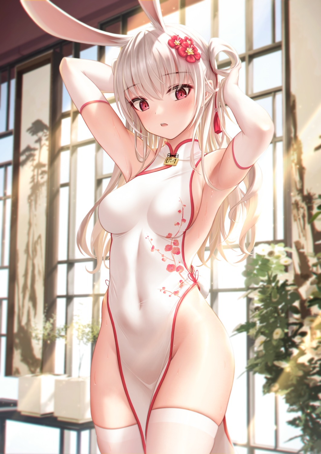 animal_ears bae.c bunny_ears chinadress no_bra nopan thighhighs