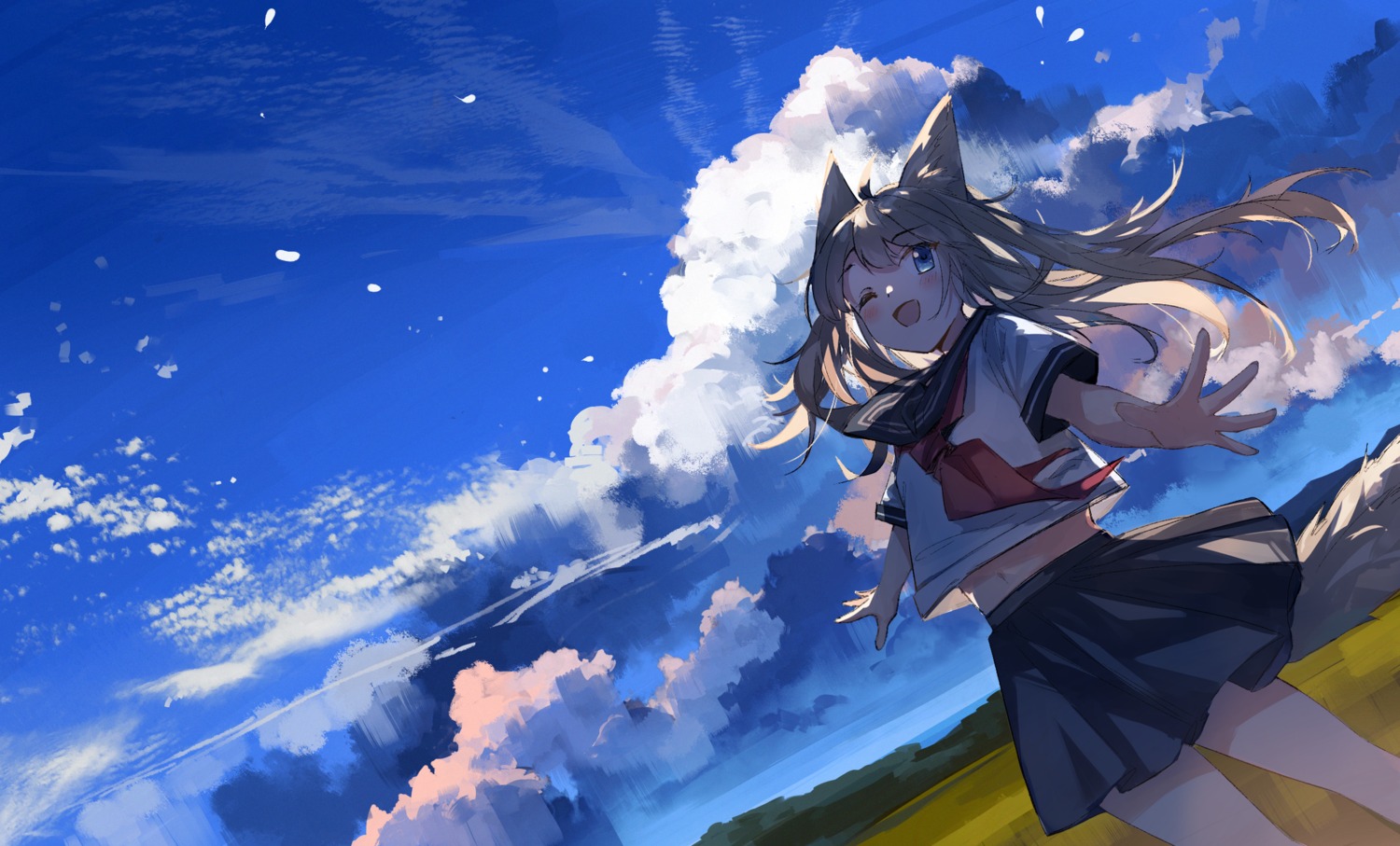 animal_ears axleaki kitsune landscape seifuku skirt_lift tail