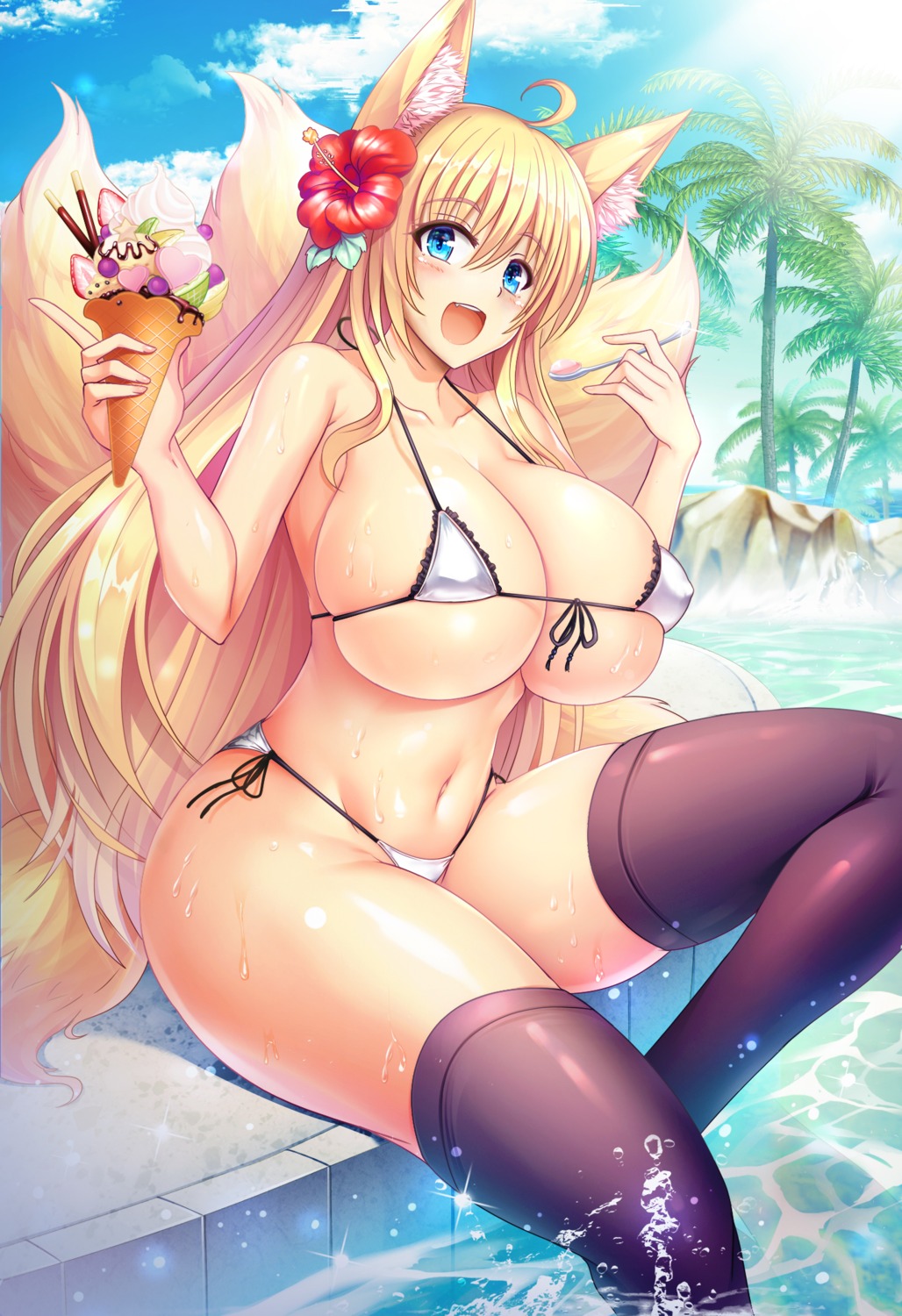 animal_ears bikini erect_nipples kitsune kurowana swimsuits tail thighhighs wet