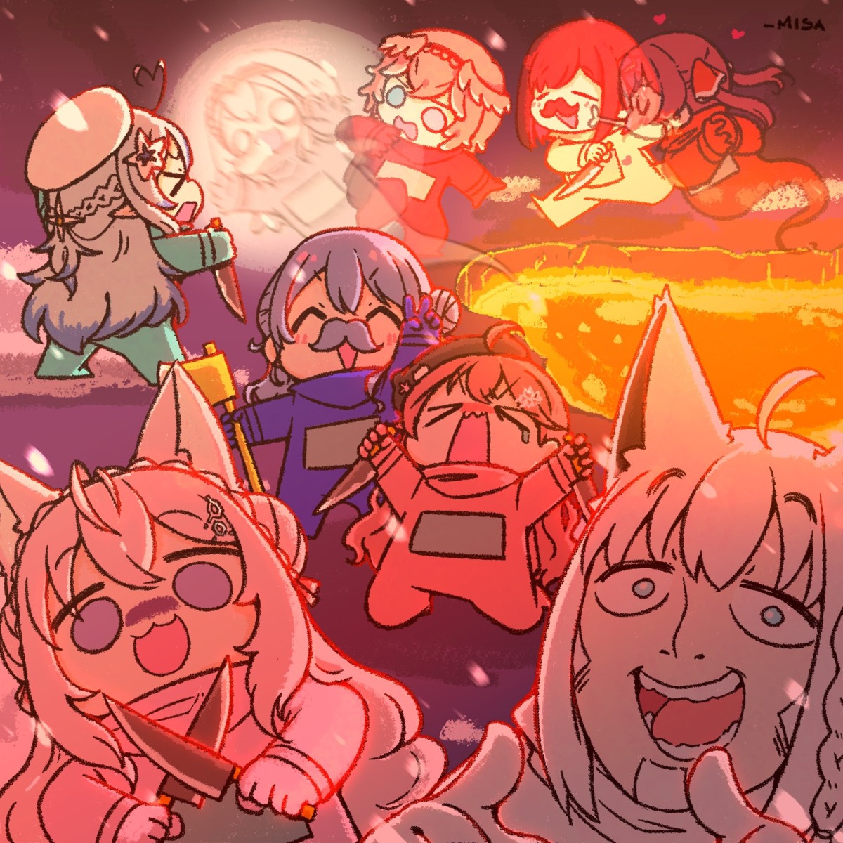 among_us animal_ears azki_(hololive) bodysuit chibi cosplay crewmate_(among_us) elf hakui_koyori hololive hoshimachi_suisei houshou_marine pointy_ears sakura_miko shiraishi_yoshitake shirogane_noel sketch takane_lui wakatsuki_misato weapon wings yukihana_lamy