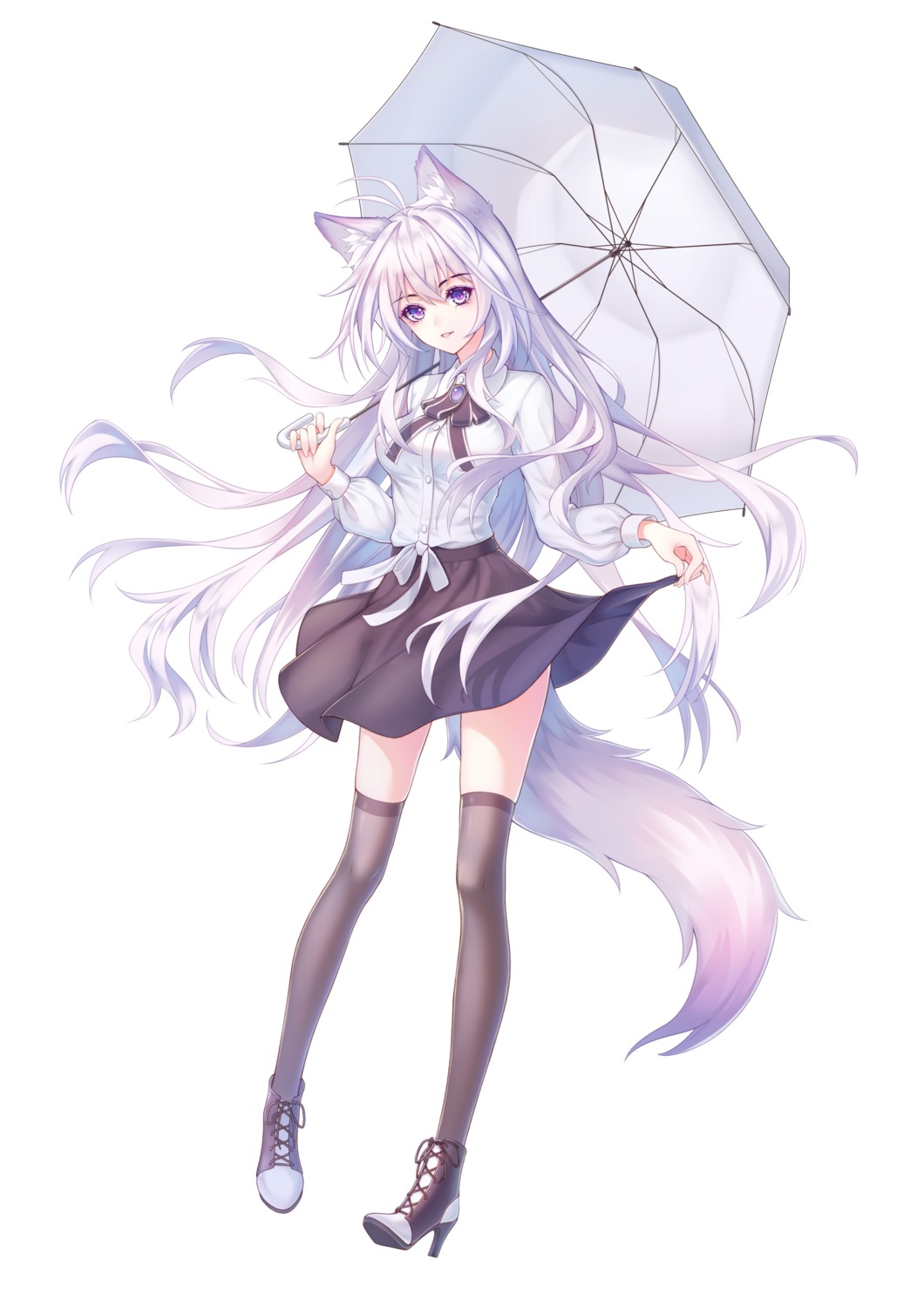 animal_ears heels kirby_d_a kitsune seifuku skirt_lift tail thighhighs umbrella