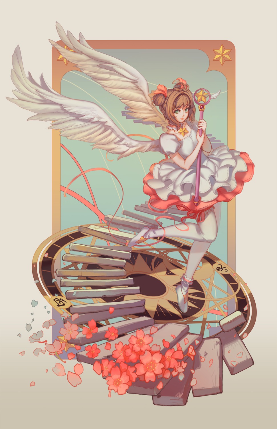 card_captor_sakura dress kinomoto_sakura softmode thighhighs weapon wings