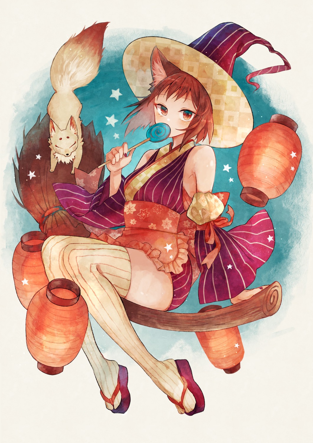 animal_ears japanese_clothes kitsune sanshichi_fu thighhighs witch