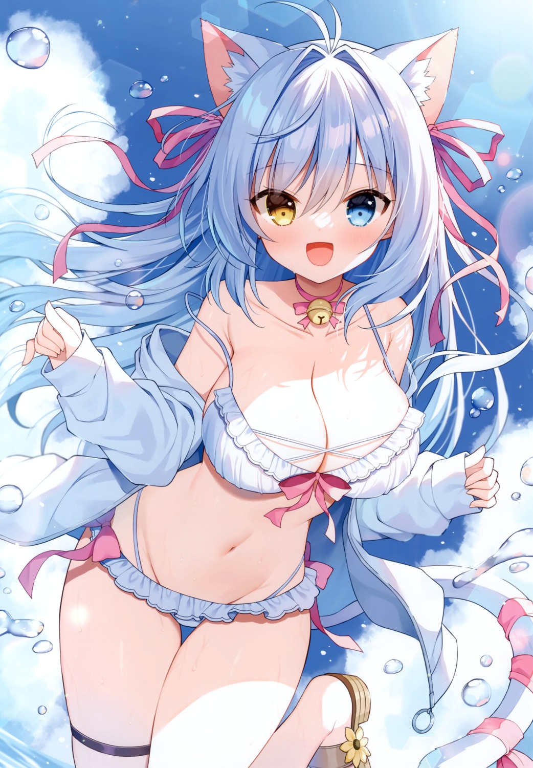 aina_rive animal_ears bikini garter heterochromia mauve nekomimi open_shirt swimsuits tail wata★punch wet