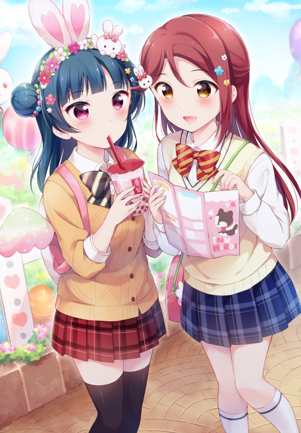 animal_ears bunny_ears hazuki_(sutasuta) love_live!_sunshine!! sakurauchi_riko seifuku sweater thighhighs tsushima_yoshiko