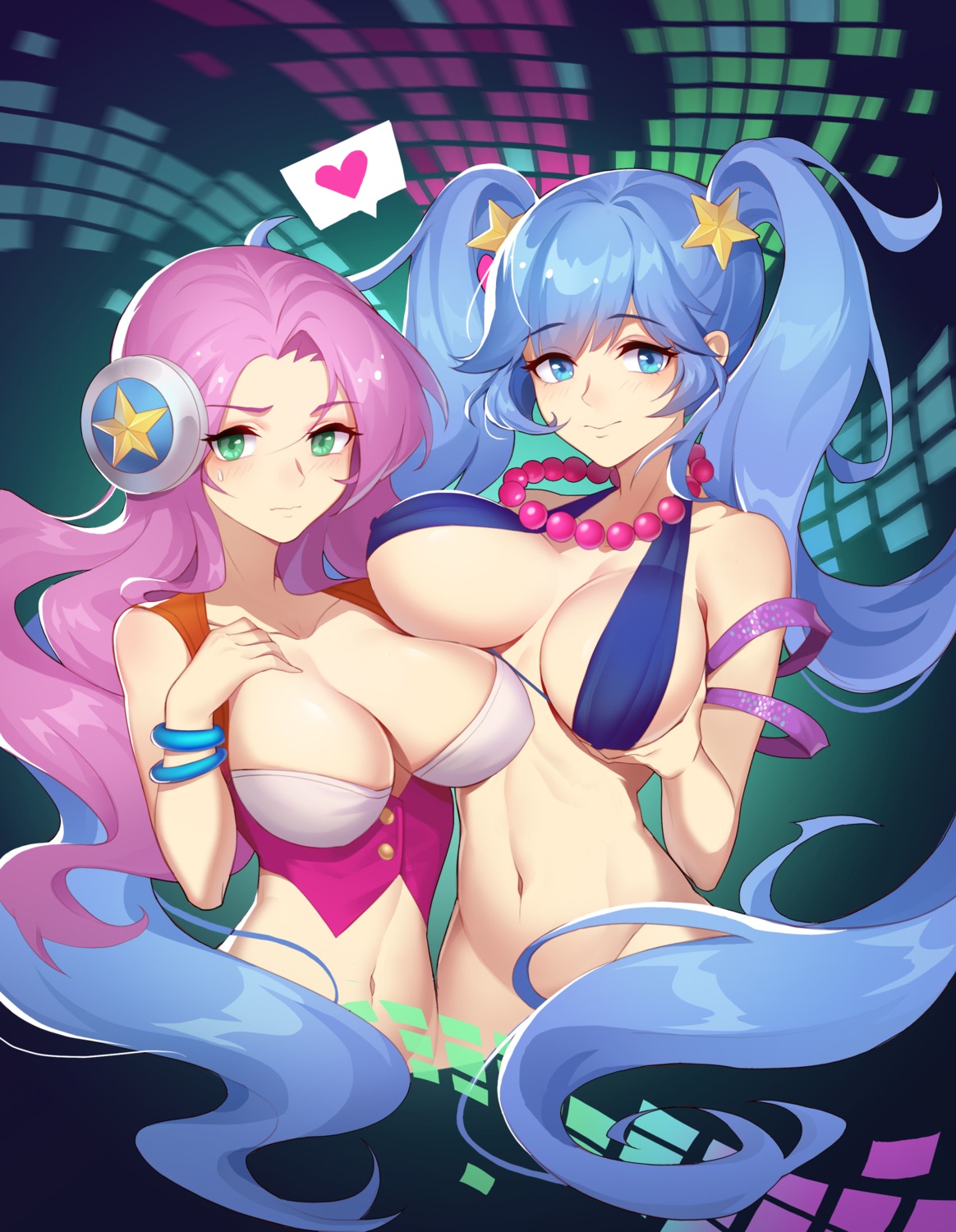 bikini_top bottomless breast_hold cleavage erect_nipples league_of_legends maoshinian1 sona_buvelle swimsuits