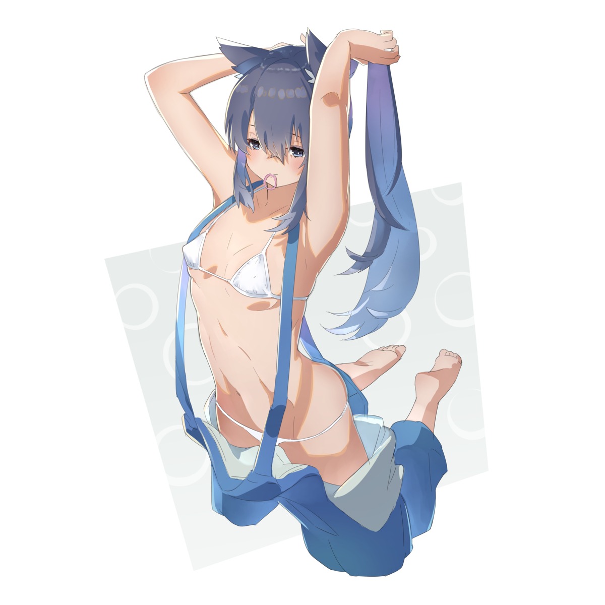 animal_ears bikini erect_nipples hatsuga_(dmaigmai) nekomimi overalls swimsuits