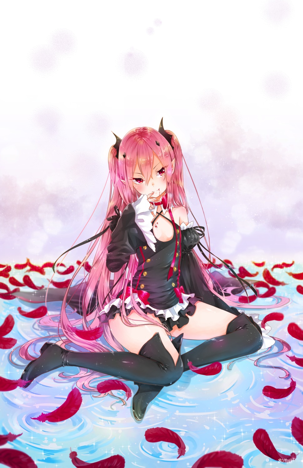 blood bomhat dress heels krul_tepes owari_no_seraph thighhighs wet