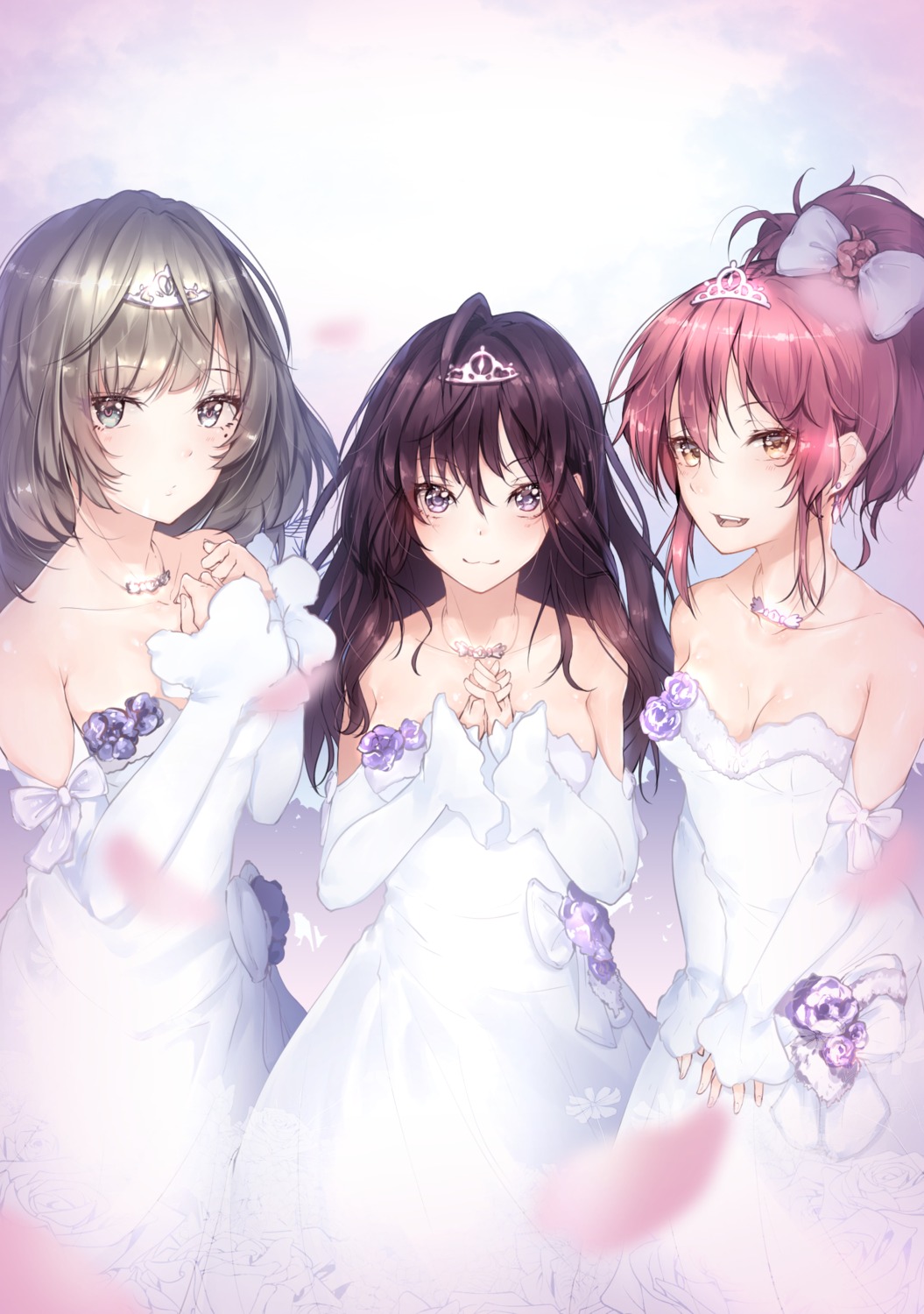 cleavage dress heterochromia hplay ichinose_shiki jougasaki_mika takagaki_kaede the_idolm@ster the_idolm@ster_cinderella_girls wedding_dress