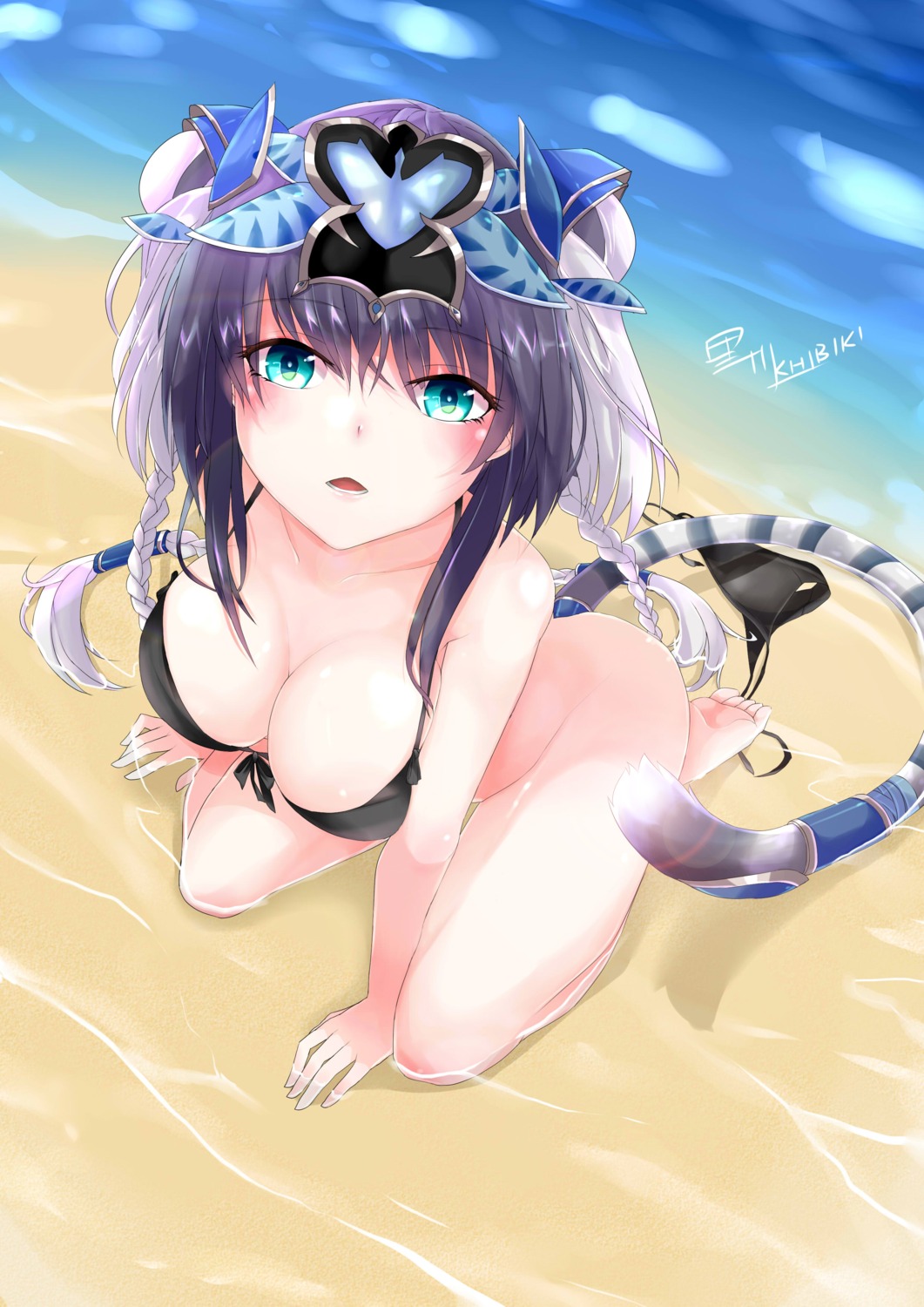 bikini bottomless cleavage haku_(puzzle_&_dragons) khibiki_(brequiem) puzzle_&_dragons swimsuits tail wet