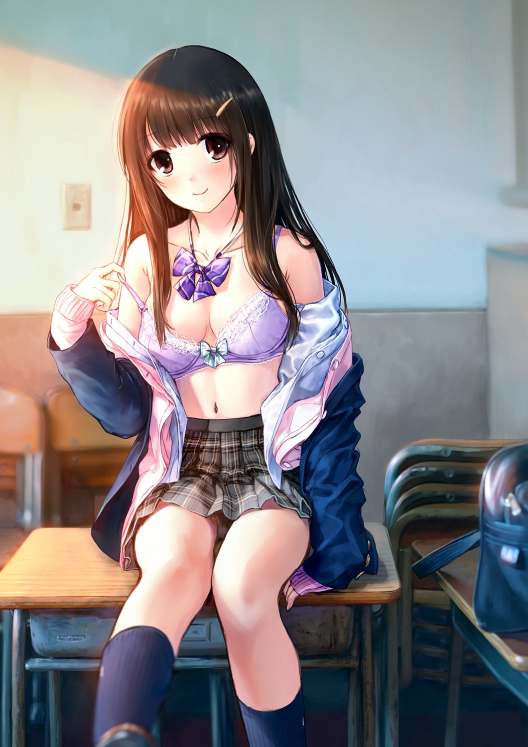 bra cleavage kazuharu_kina open_shirt pantsu seifuku sweater undressing