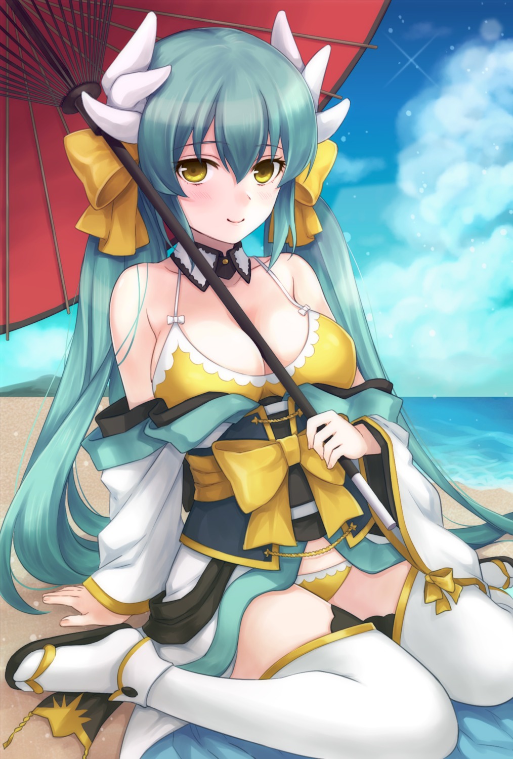 bikini cleavage fate/grand_order horns kiyohime_(fate/grand_order) pika_mouse swimsuits thighhighs umbrella