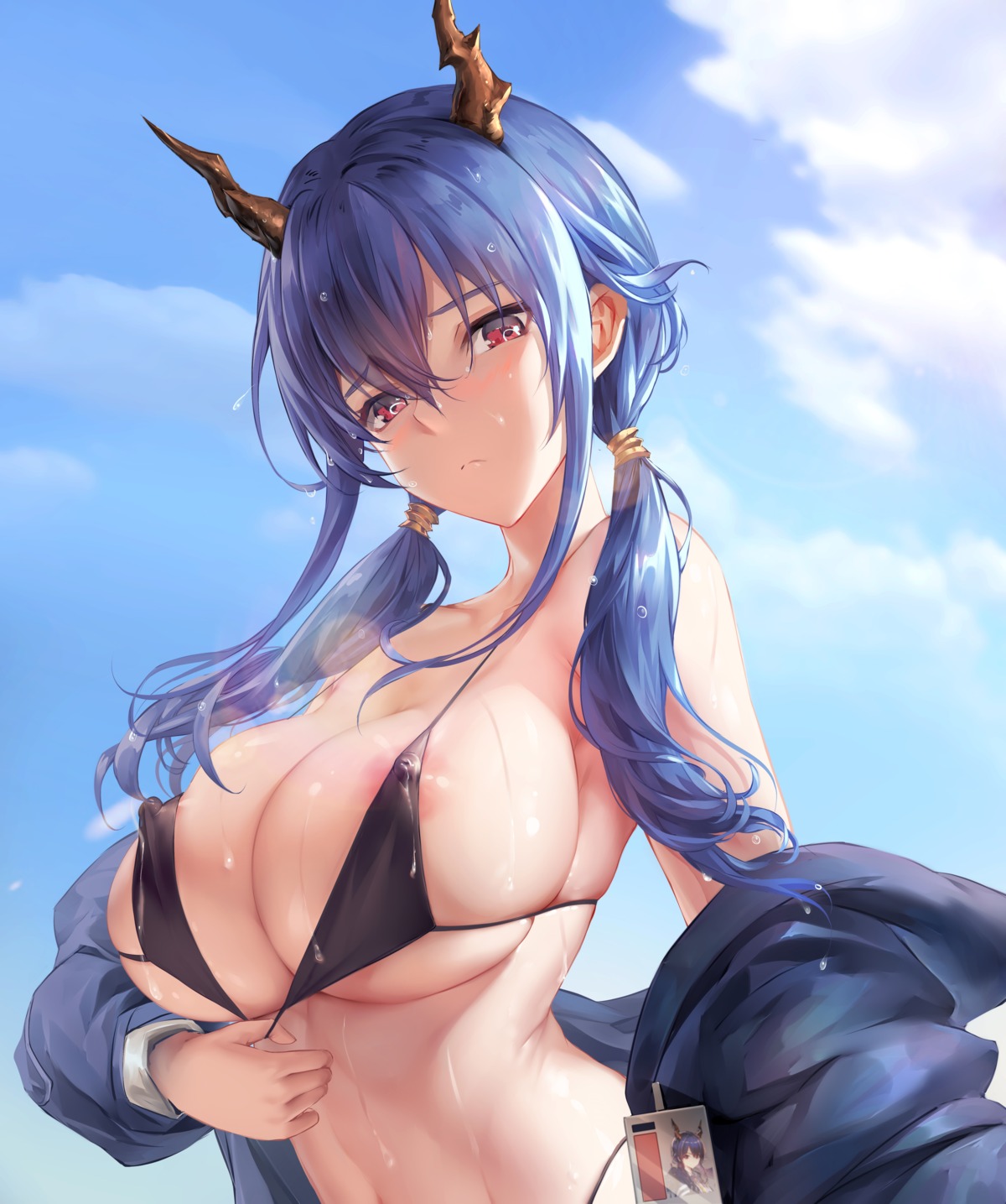 areola arknights bikini ch'en_(arknights) chihunhentai erect_nipples horns open_shirt swimsuits undressing wet