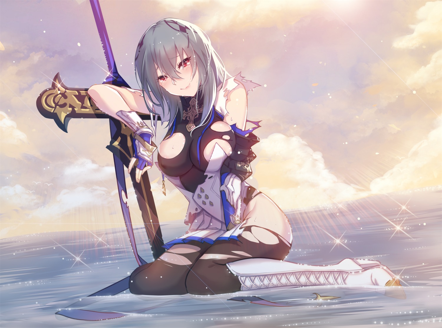 azur_lane heels no_bra pantyhose saint_louis_(azur_lane) sword torn_clothes wet xion32