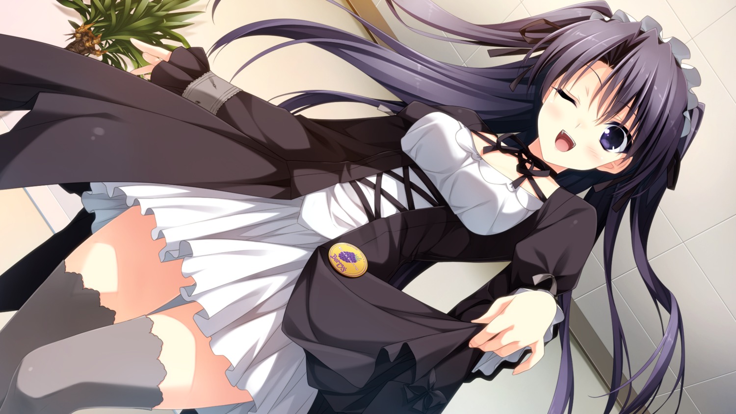 berry's dress game_cg gothic_lolita lolita_fashion morikubo_yuna skirt_lift sphere suzuhira_hiro thighhighs waitress