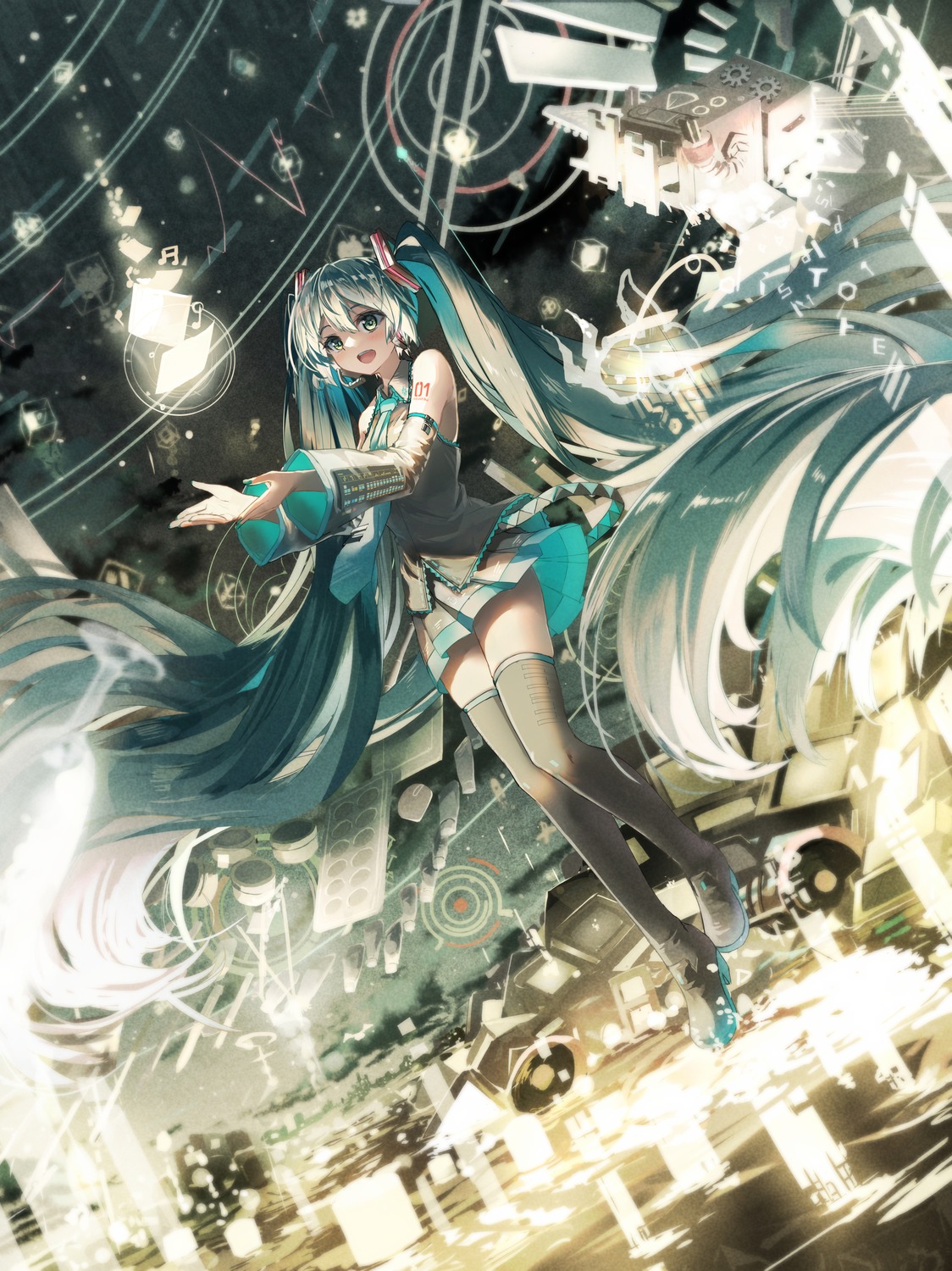 daidou_(demitasse) hatsune_miku headphones heels skirt_lift tattoo thighhighs vocaloid