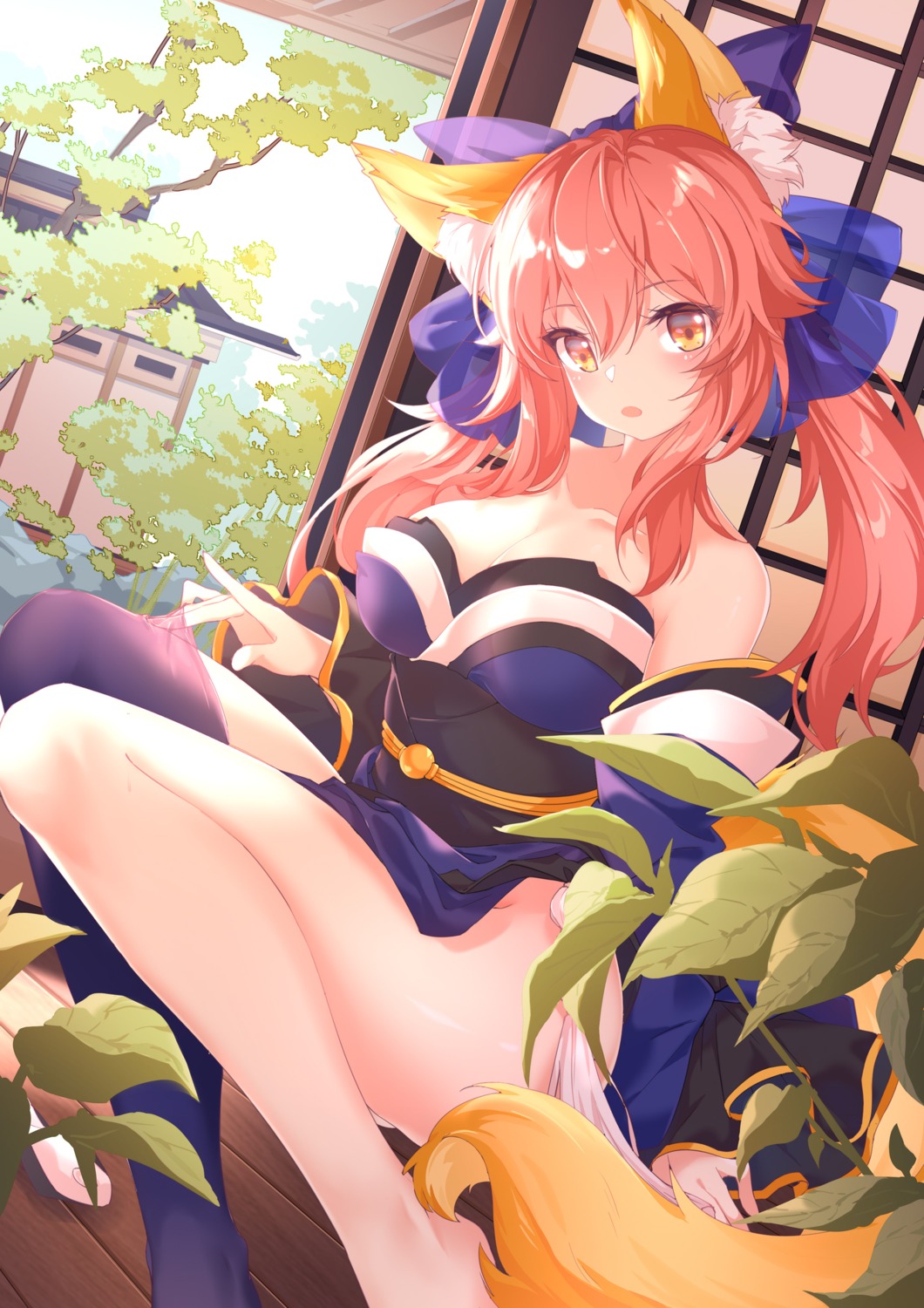 animal_ears chaji_xiao_bai fate/grand_order japanese_clothes kitsune no_bra nopan skirt_lift tail tamamo_no_mae