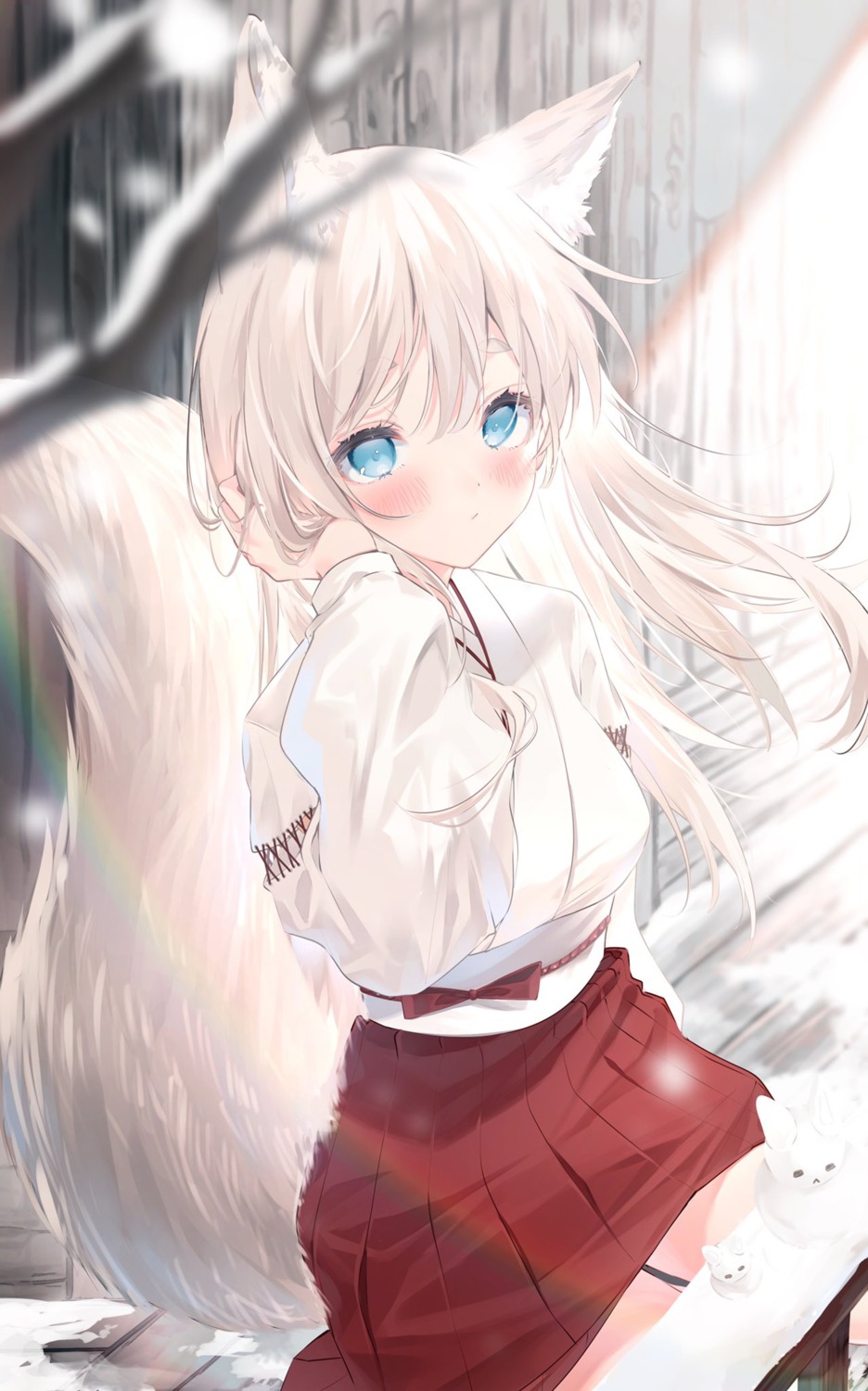 animal_ears harui_(hr_x9_) kitsune miko skirt_lift tail