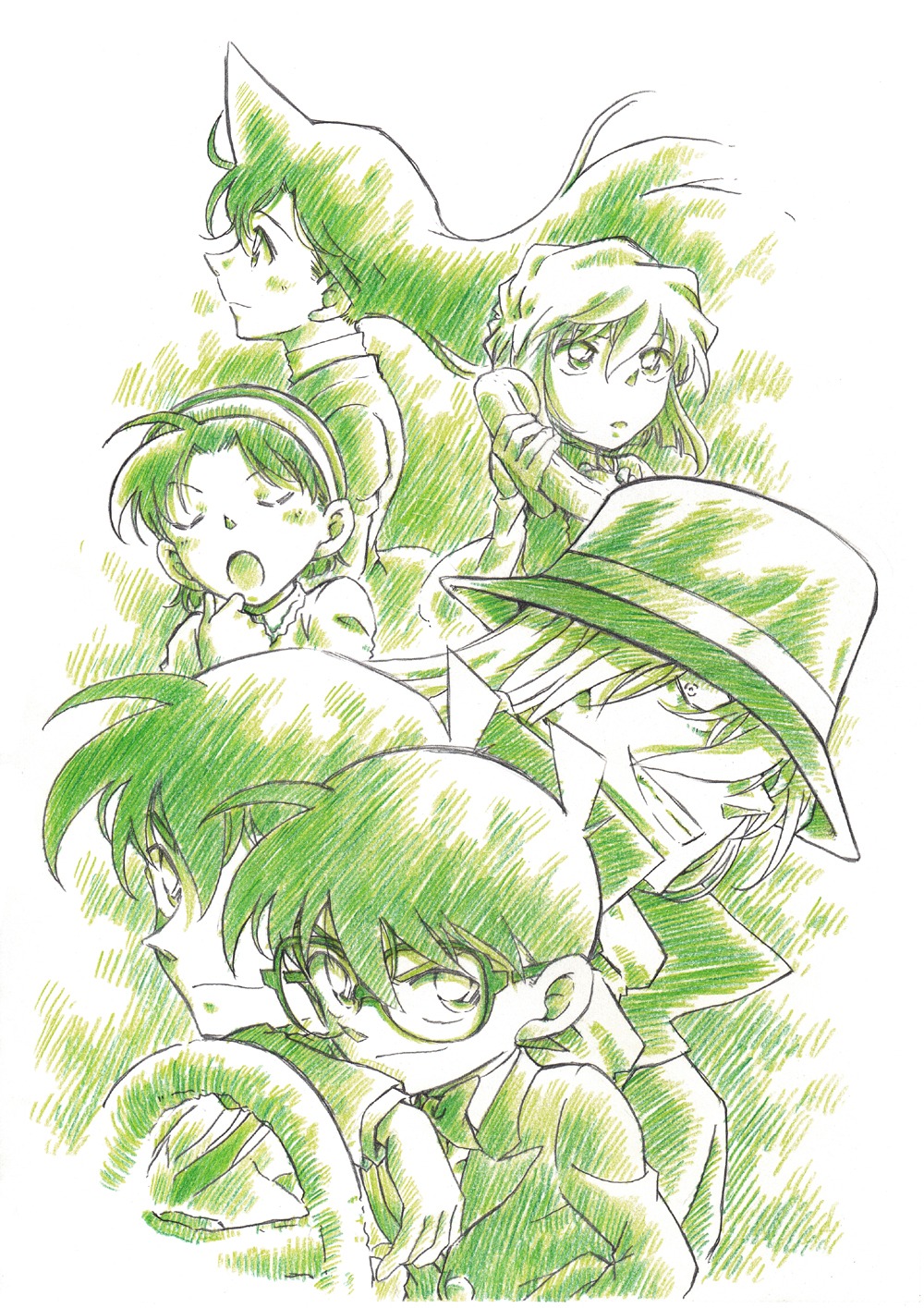 detective_conan edogawa_conan gin_(detective_conan) haibara_ai kudou_shinichi megane monochrome mouri_ran t-okada yoshida_ayumi