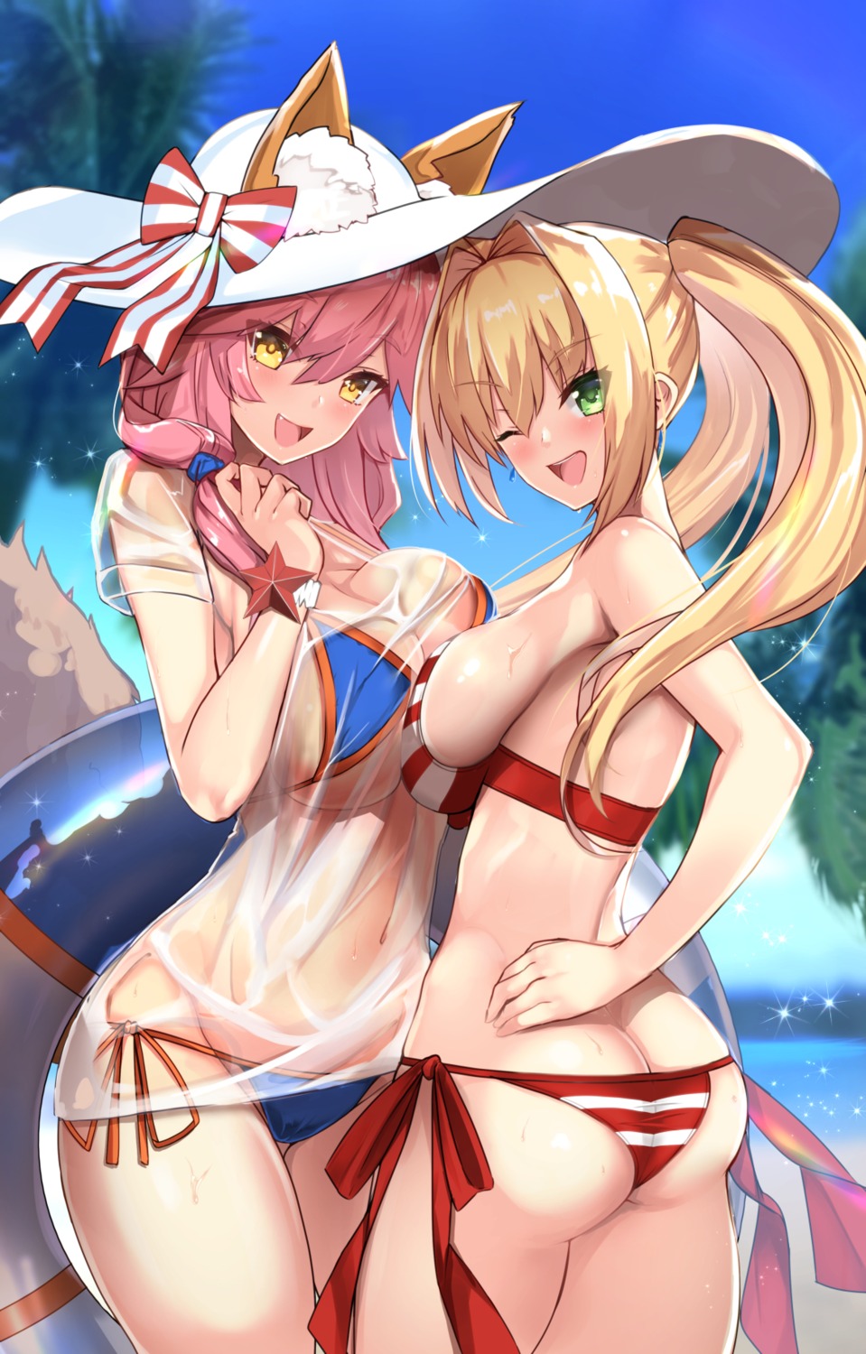 animal_ears ass bikini breast_hold fate/extra fate/stay_night saber_extra see_through swimsuits symmetrical_docking tail tamamo_no_mae untsue