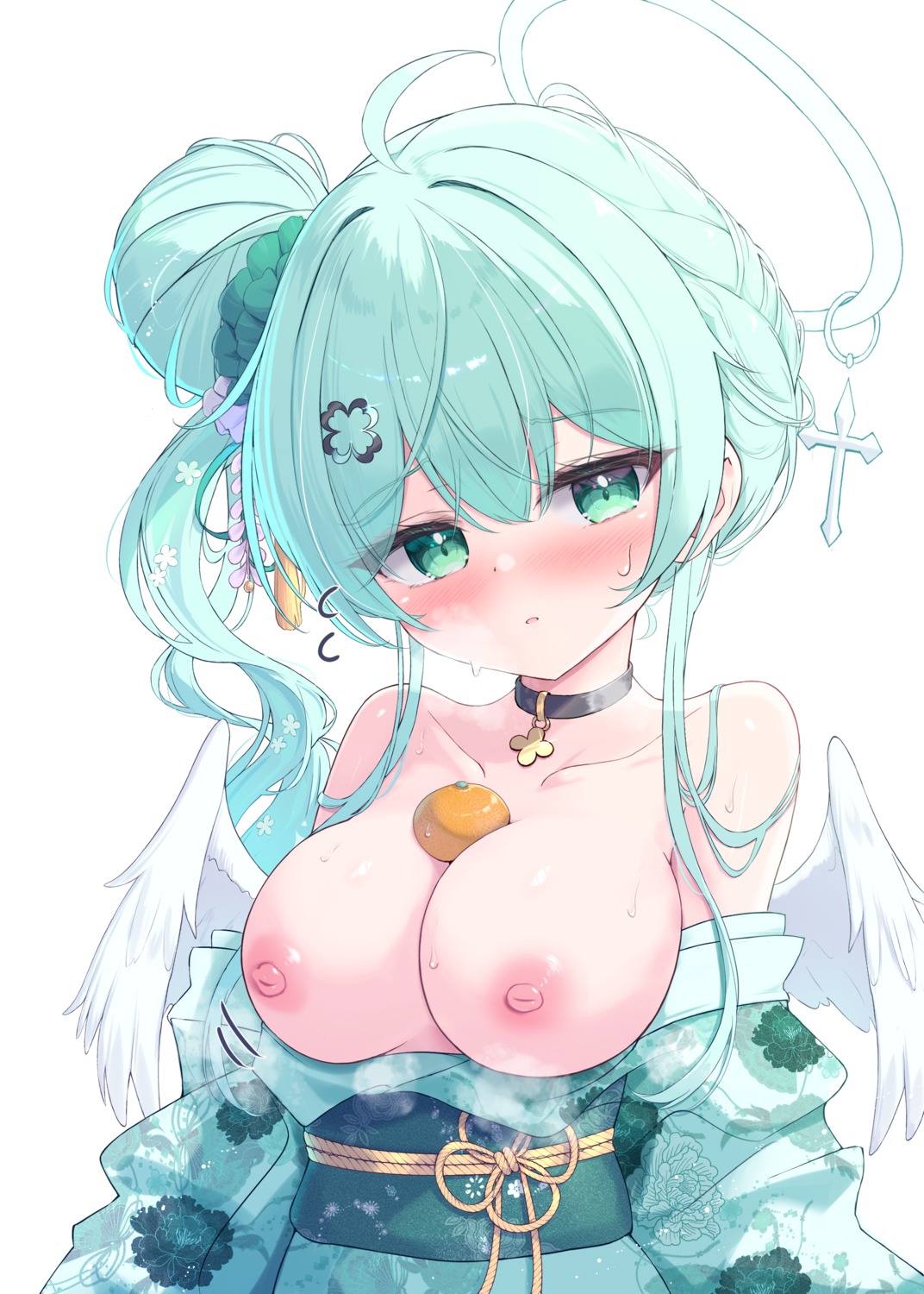 angel breasts japanese_clothes mikaze_oto nipples no_bra open_shirt wings