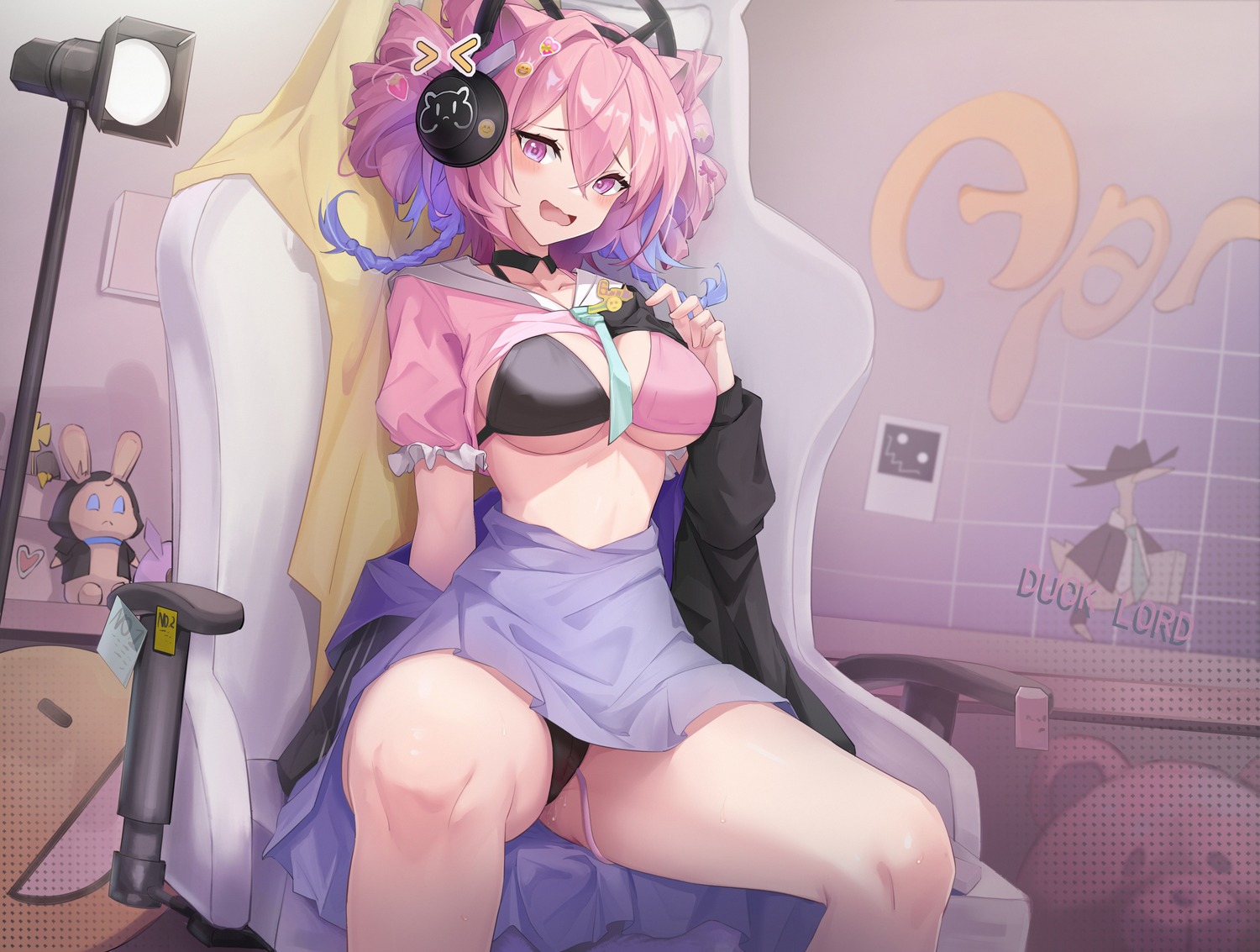 arknights bra cameltoe eureka_(arknights) headphones pantsu pussy_juice shirt_lift skirt_lift sktre12 thong